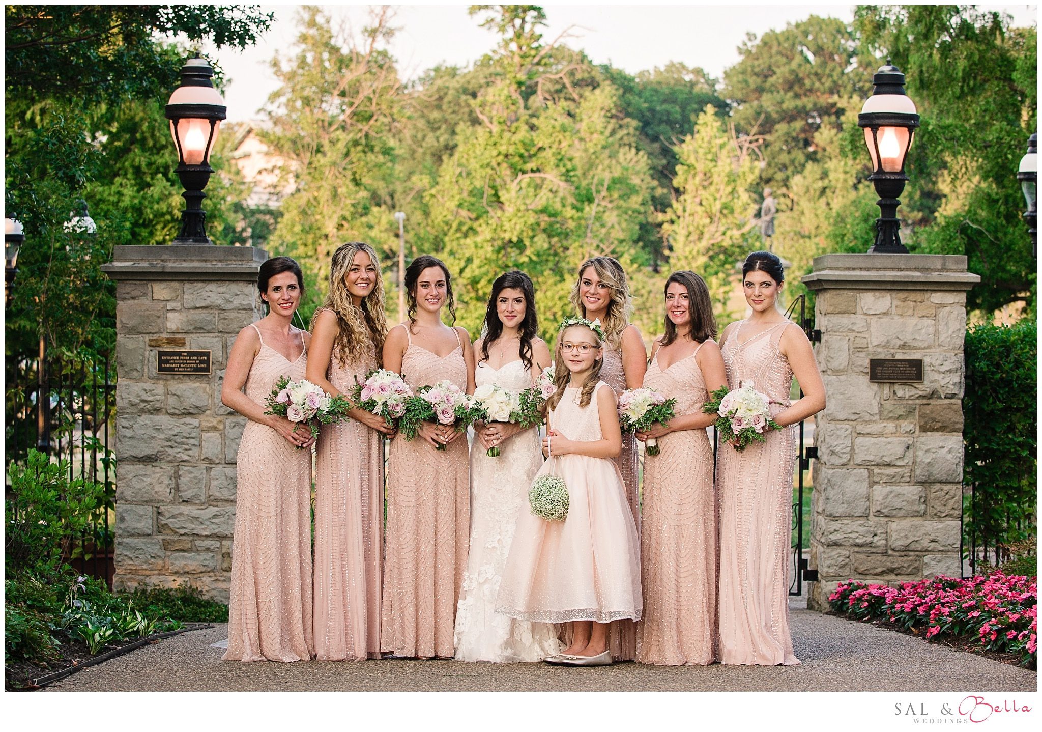 Bridesmaids in Adrianna Papell gowns at Phipps Conservatory
