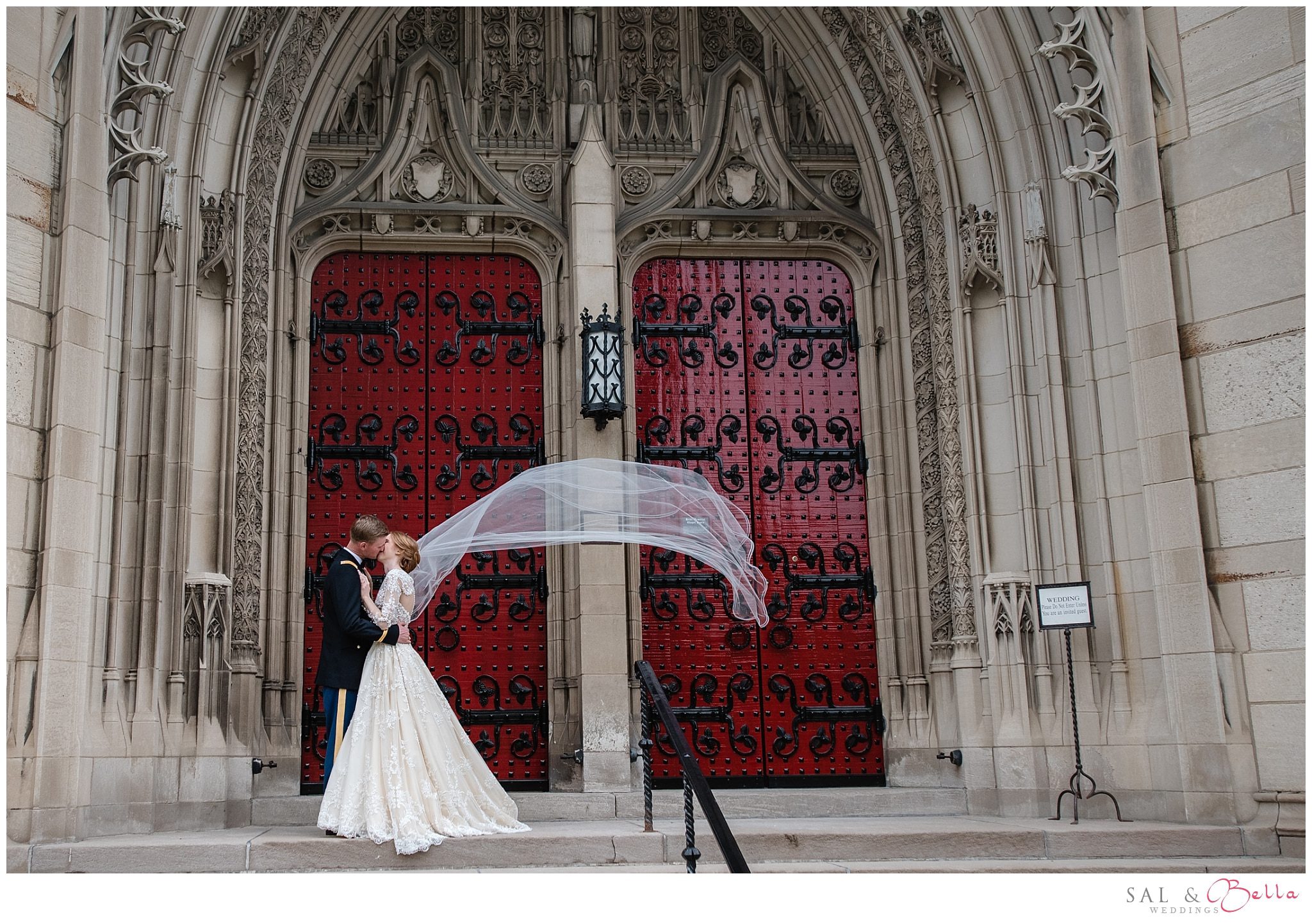 Bride & Groom infront of Red Doors at Heinz Chapel