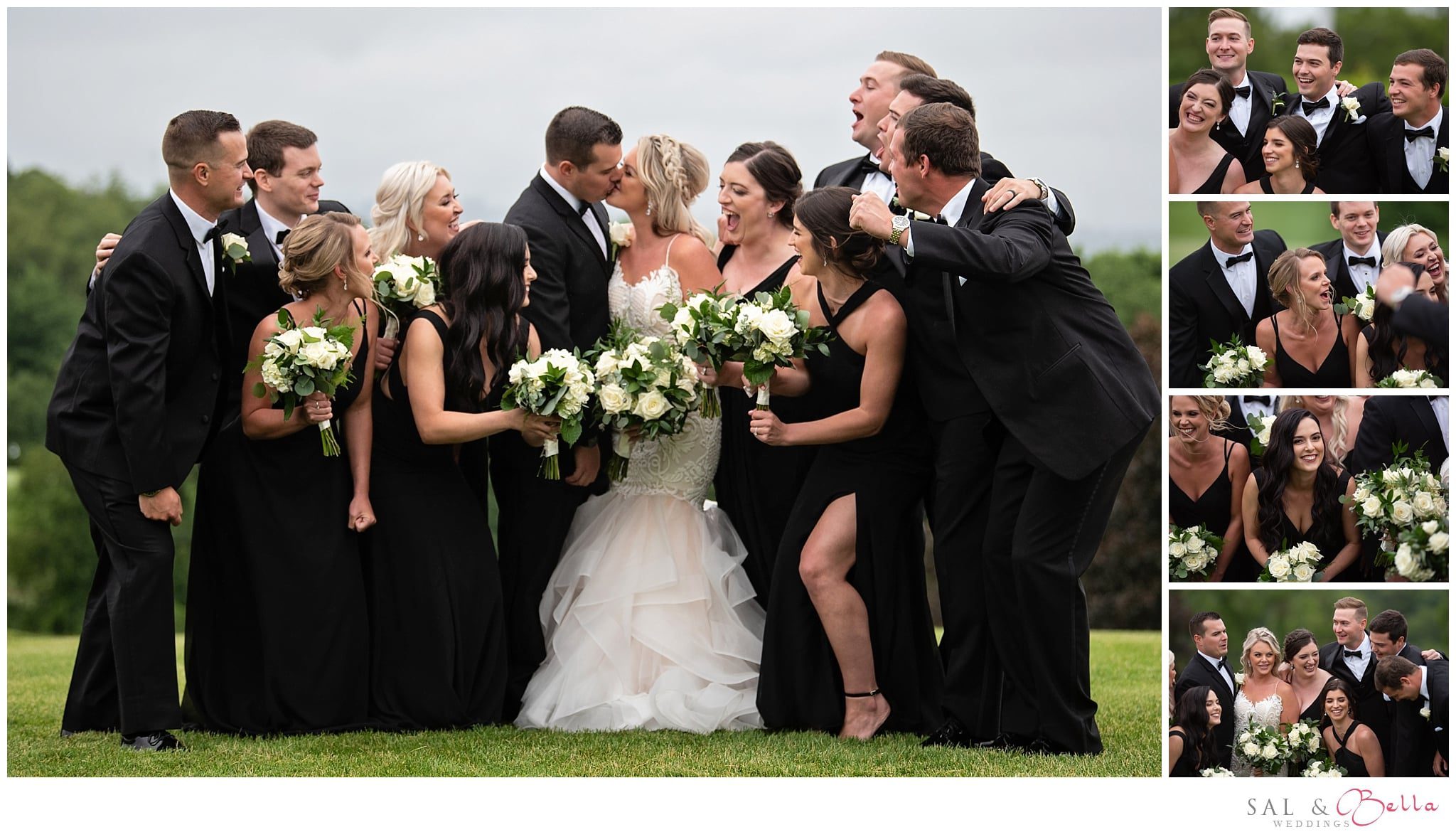 Bride and groom share a kiss as the wedding party cheers.
