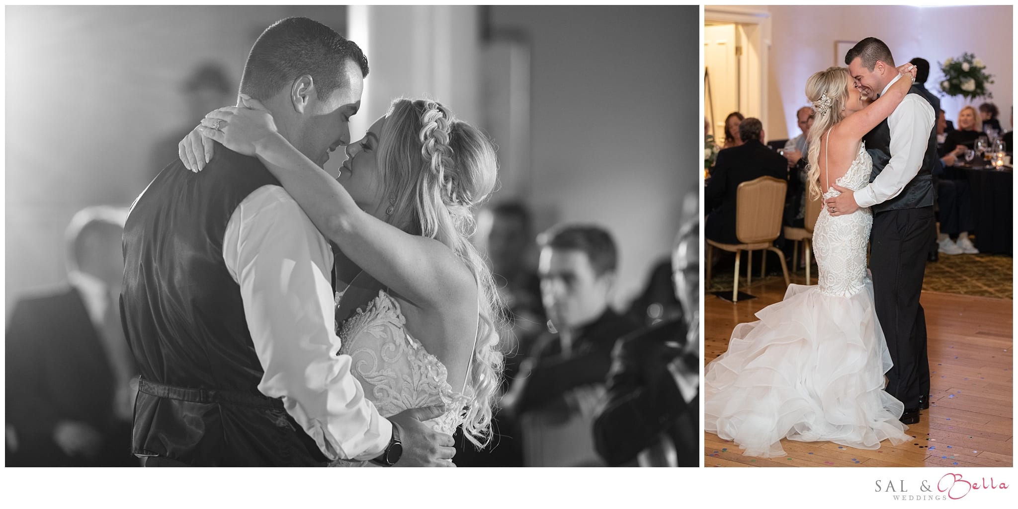The bride and groom share a close first dance together at Shannopin Country Club.