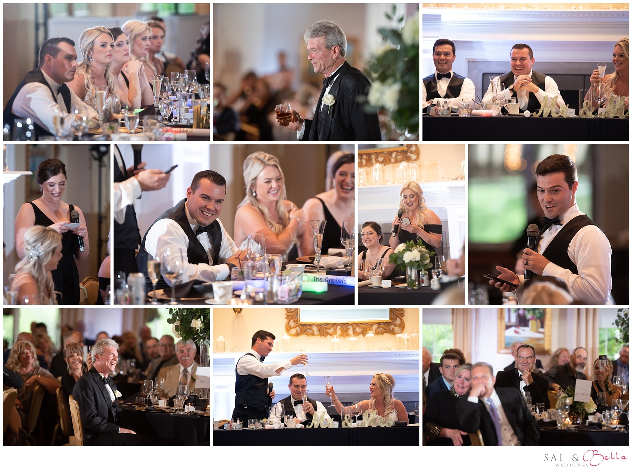 The bride and groom listen attentively to heartfelt toasts during their reception at Shannopin Country club.