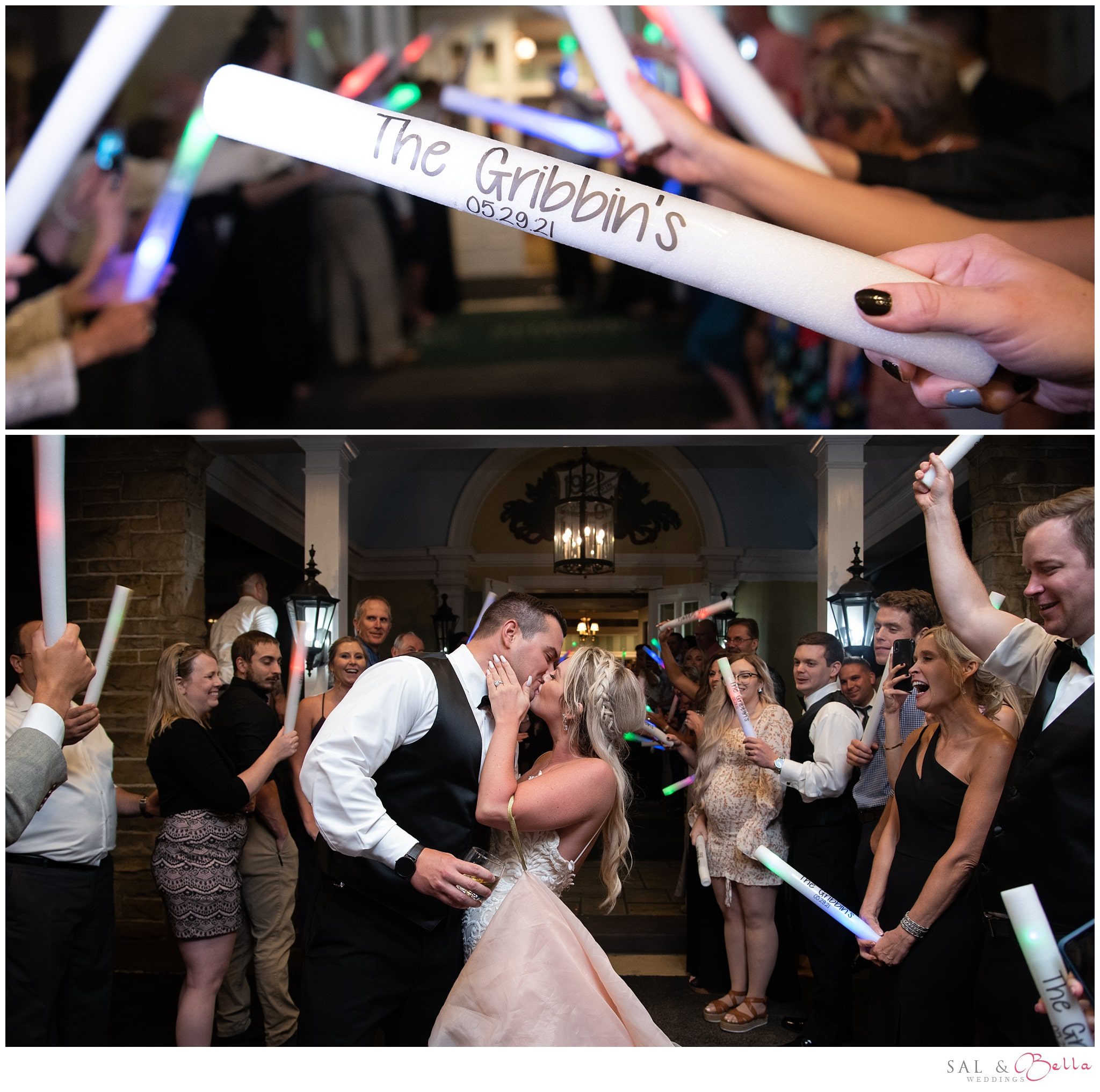 Couple exits their wedding to a glow wand send off at Shannopin Country club.