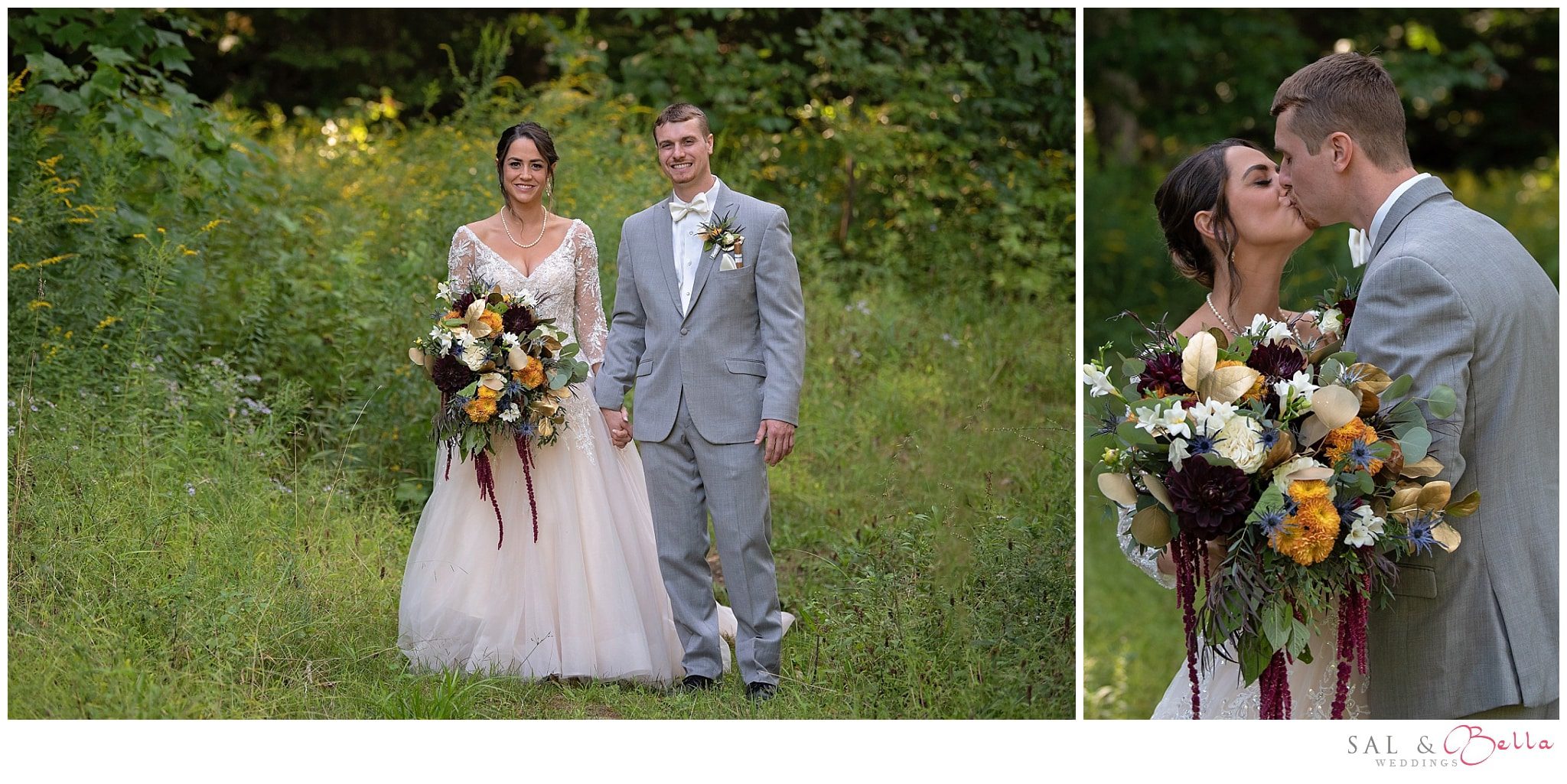 Bride and groom pose in the tall grass by the lake at Seven Springs