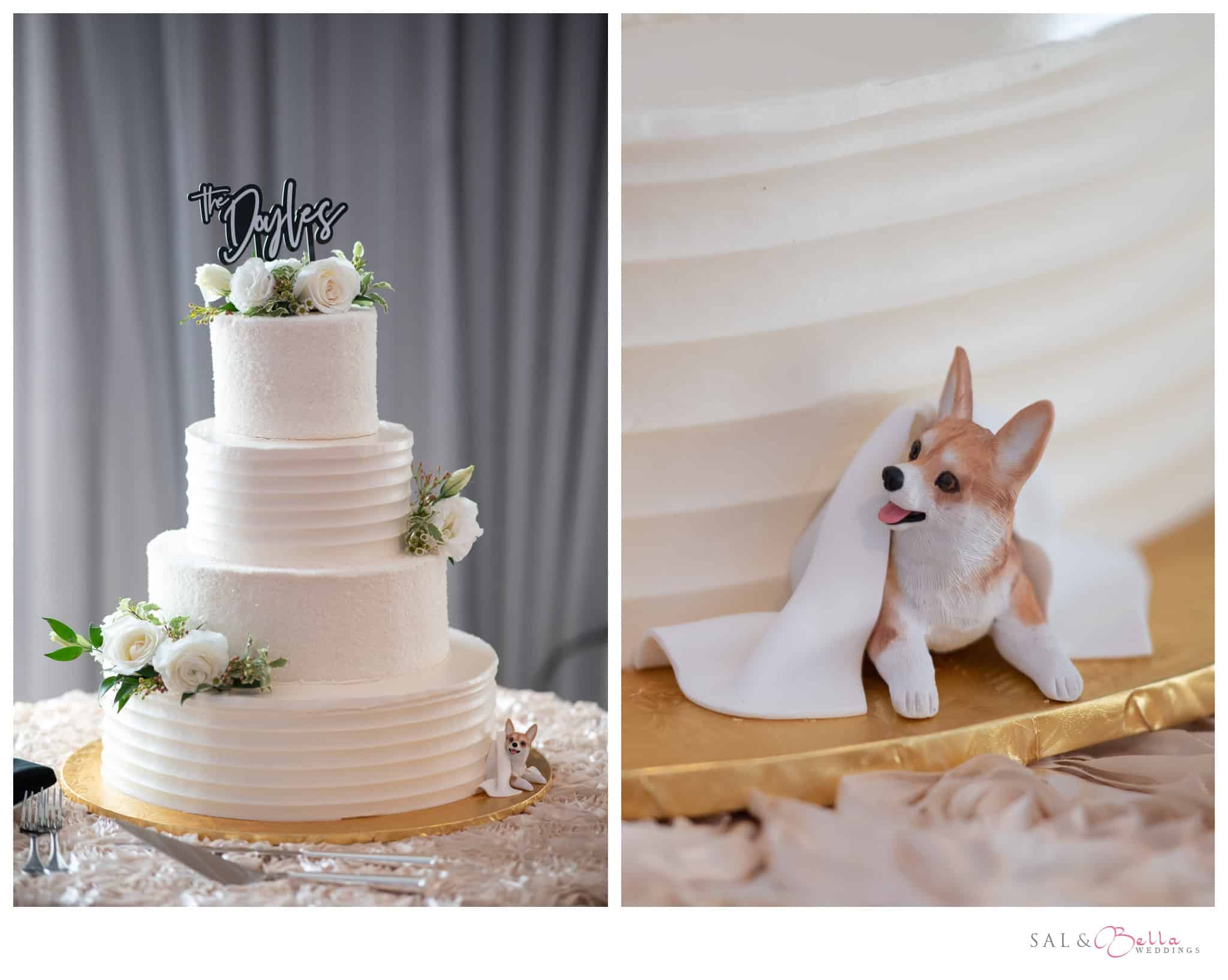 four tiered white buttercream wedding cake with a personalized replica of the couple's dog.
