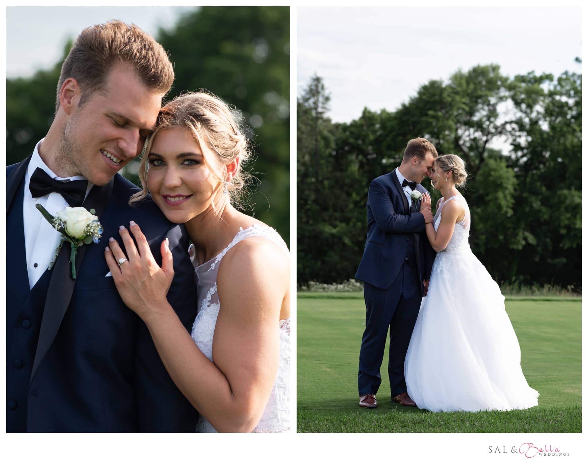 bride and groom pose at sunset on the Shannopin Country Club golf course.
