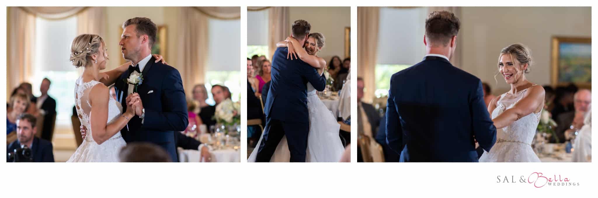 Bride and groom dance together in the ballroom of Shannopin Country Club