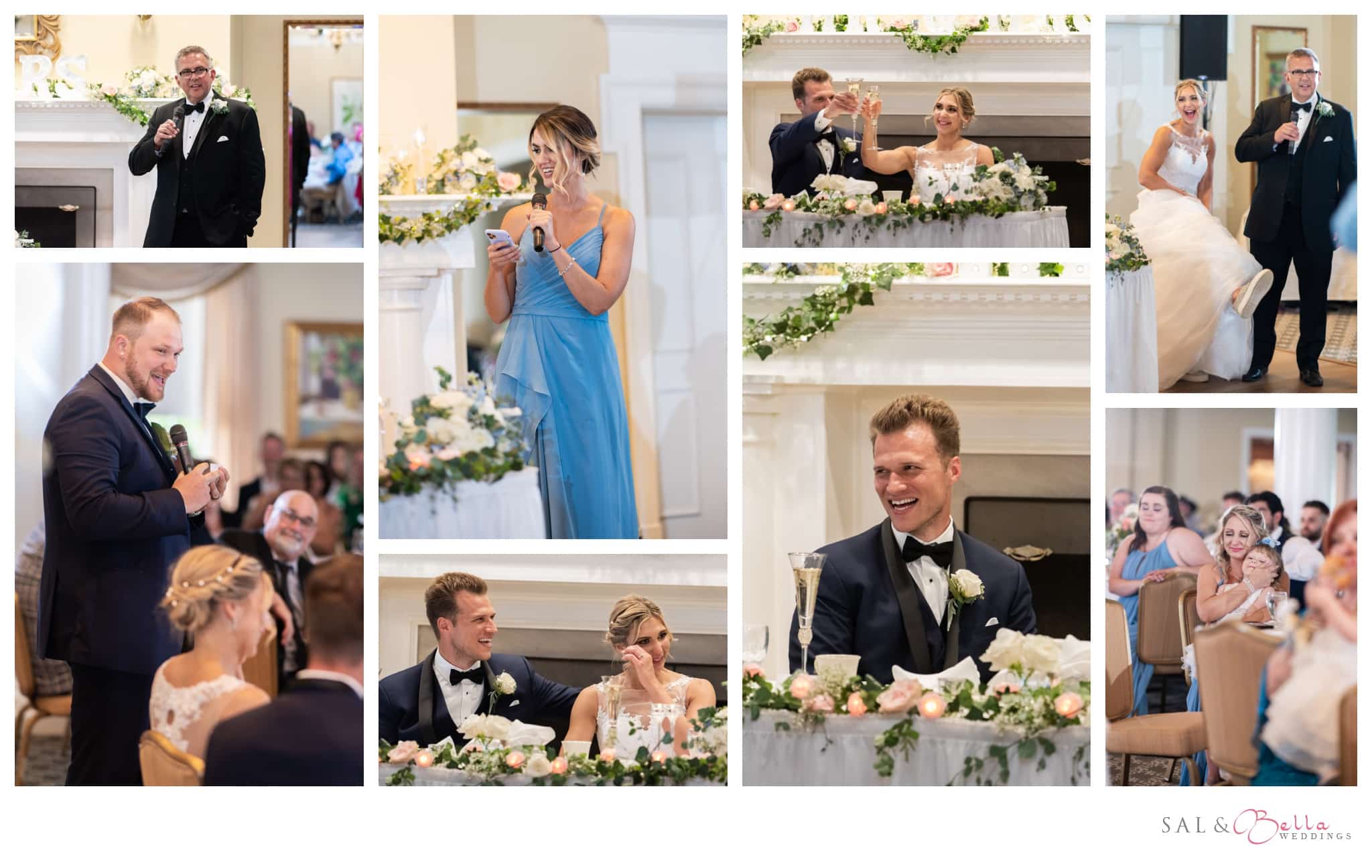 bride and groom listen intently to their bridal party as they deliver heartfelt speeches at Shannopin Country Club