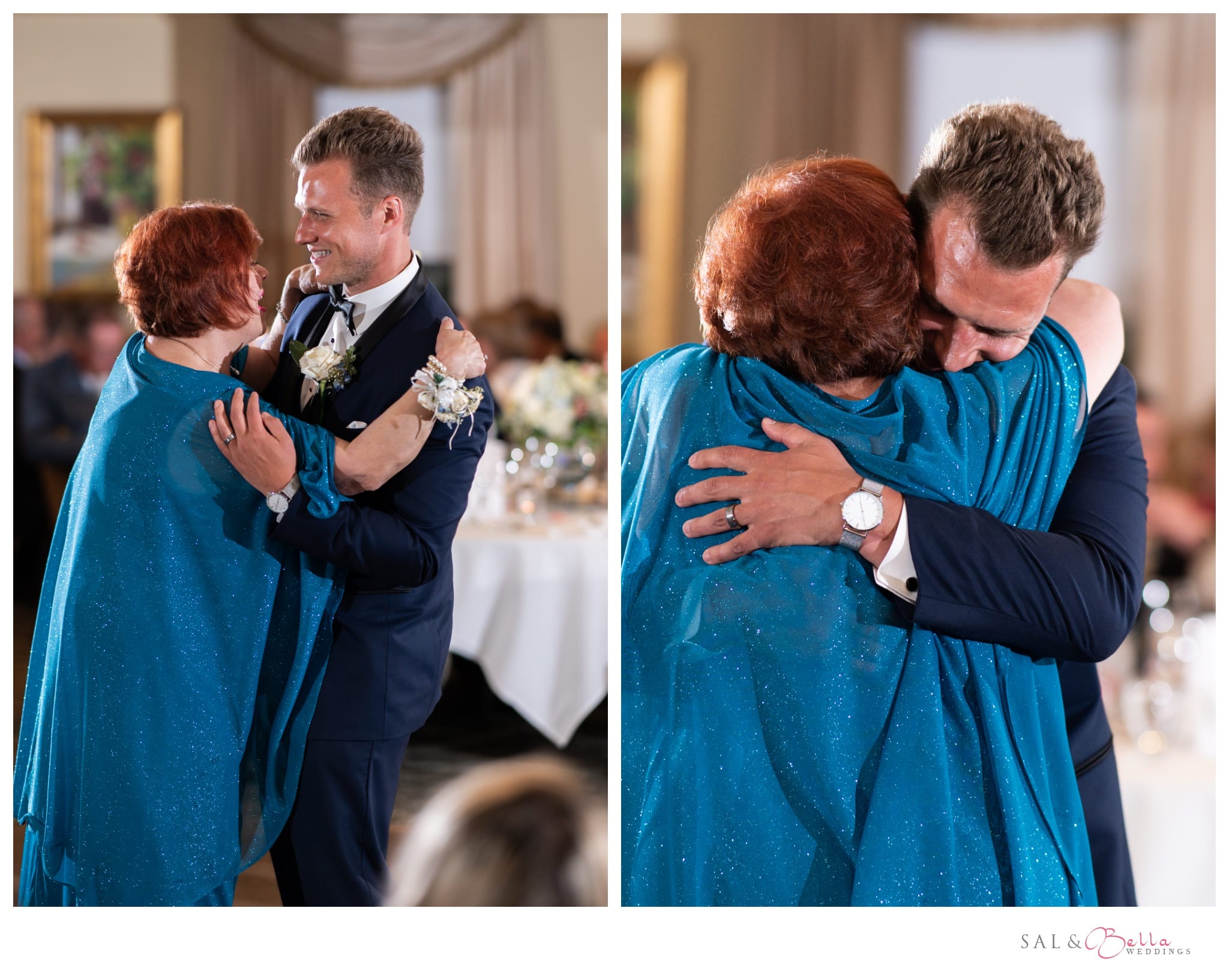 groom hugs his mother after their mother-son dance