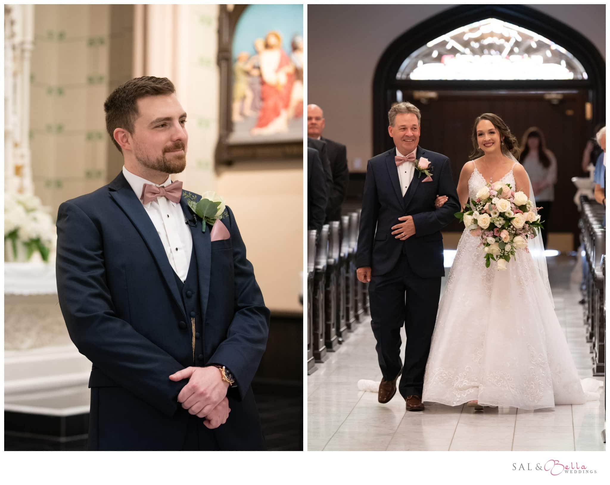 Groom watches as his future wife is escorted up the aisle at St. Peter's church by her father.