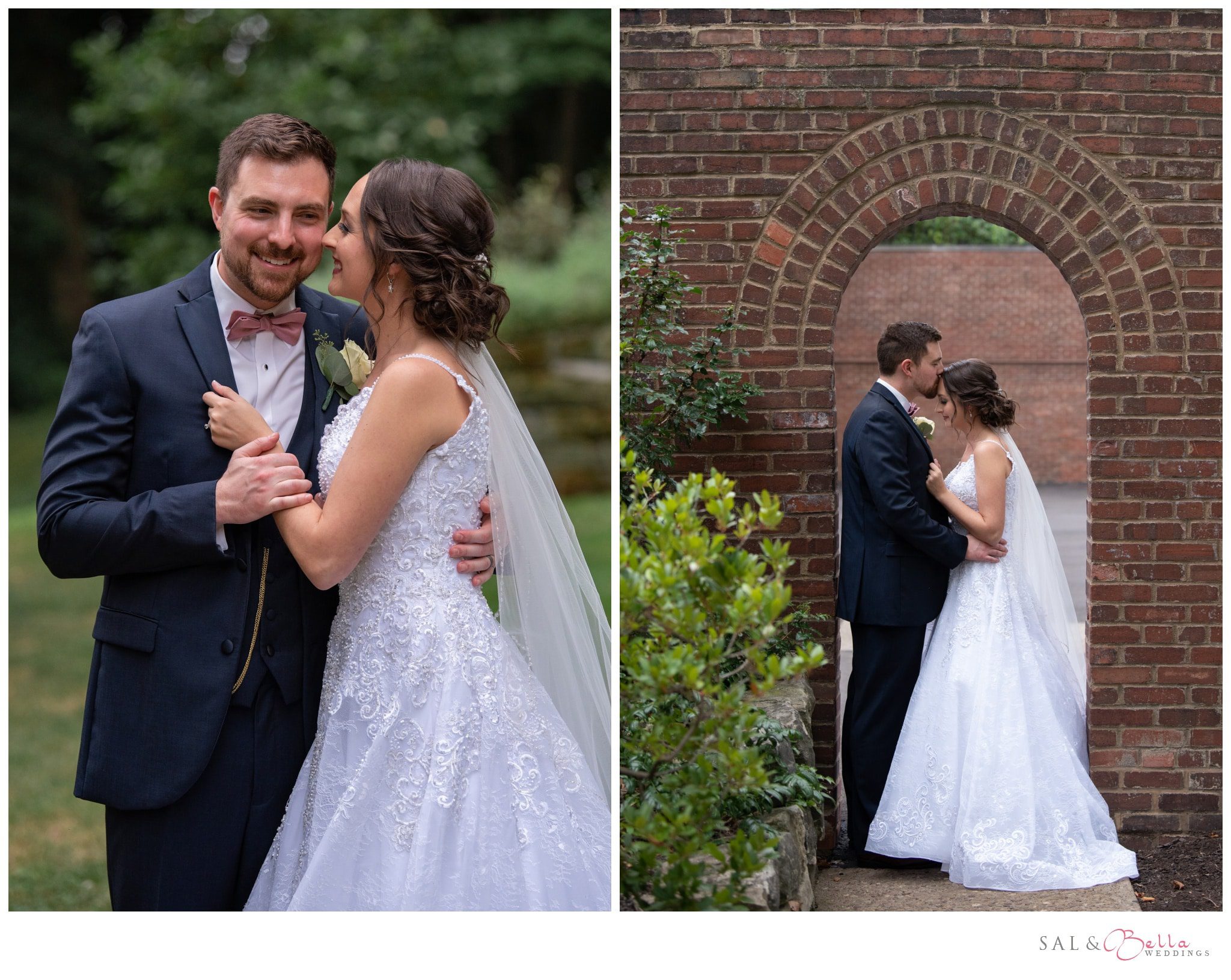bride and groom share sweet kisses during their wedding photos