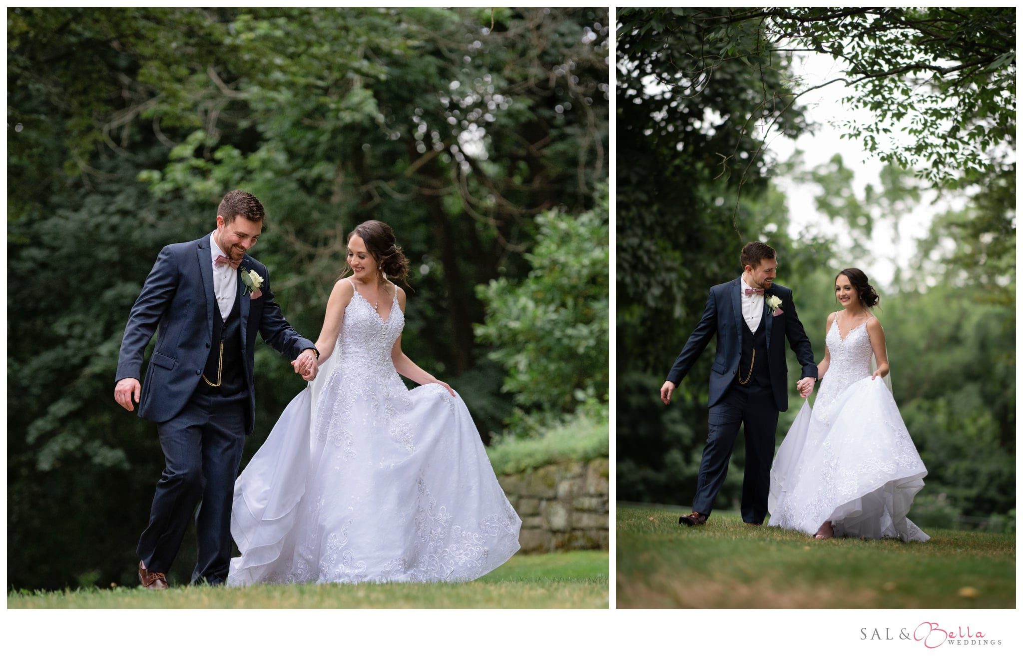 bride and groom walk hand in hand during their wedding portraits in Pittsburgh PA.