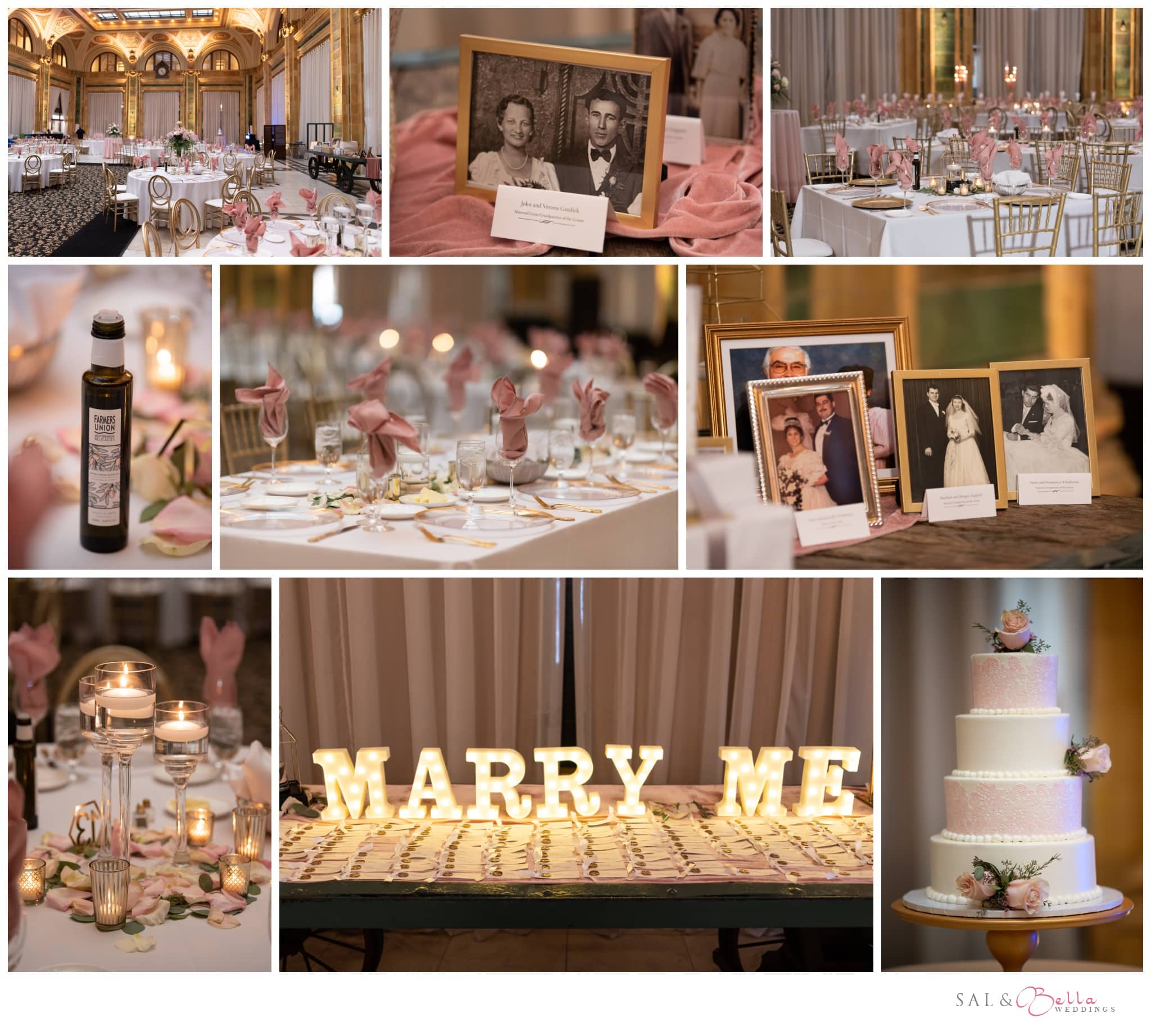 The reception at the Pennsylvanian decorated with candles, pink linens, and a four-tiered wedding cake.
