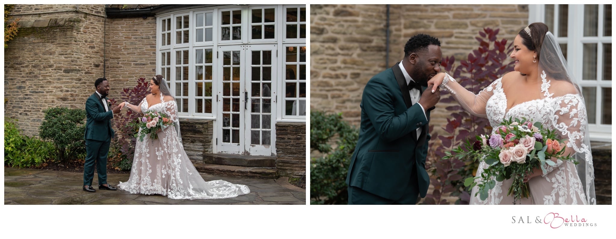 Groom kisses the brides hand out in front of the Longue Vue Club.
