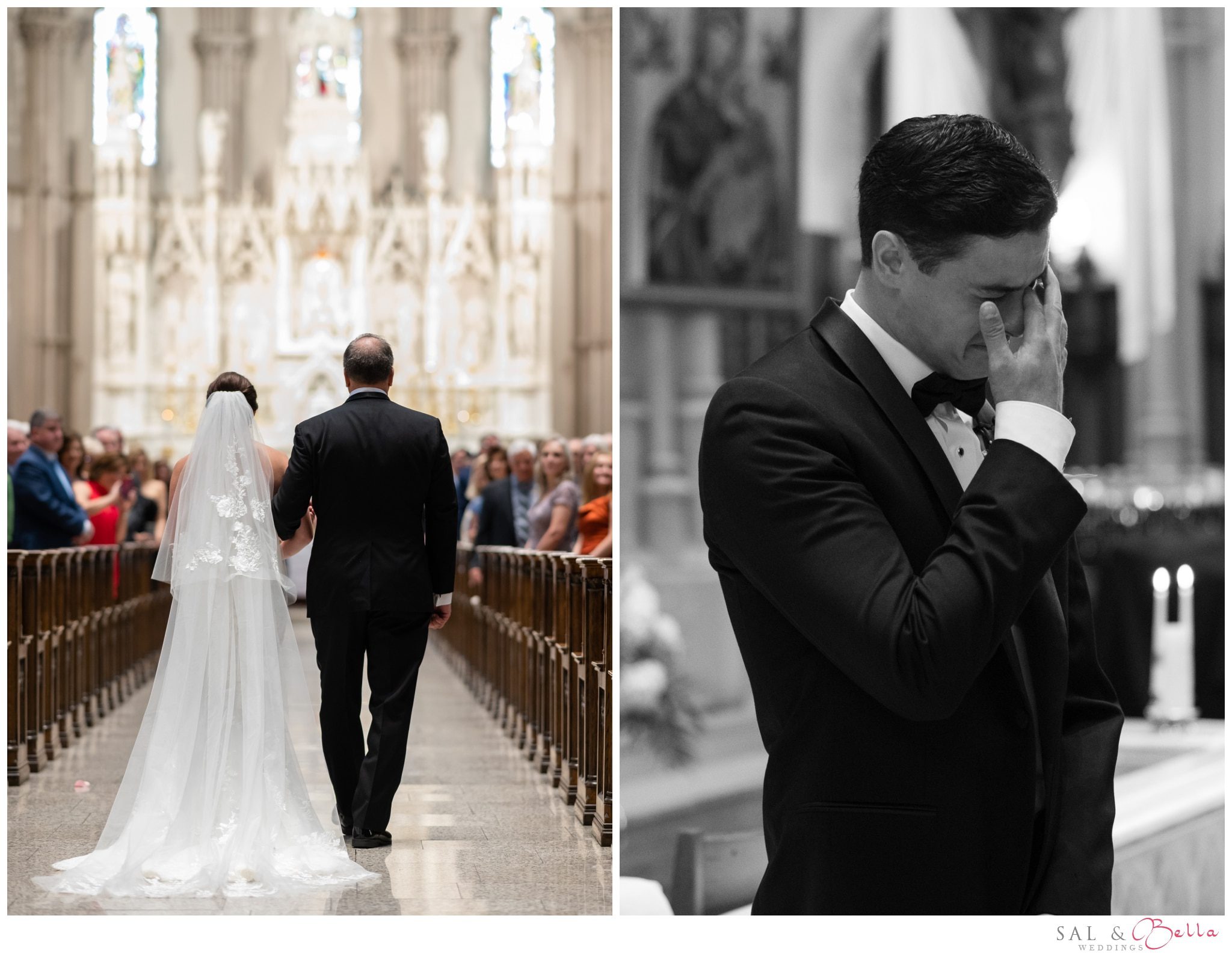 Groom is emotional as his bride walks down the aisle. 