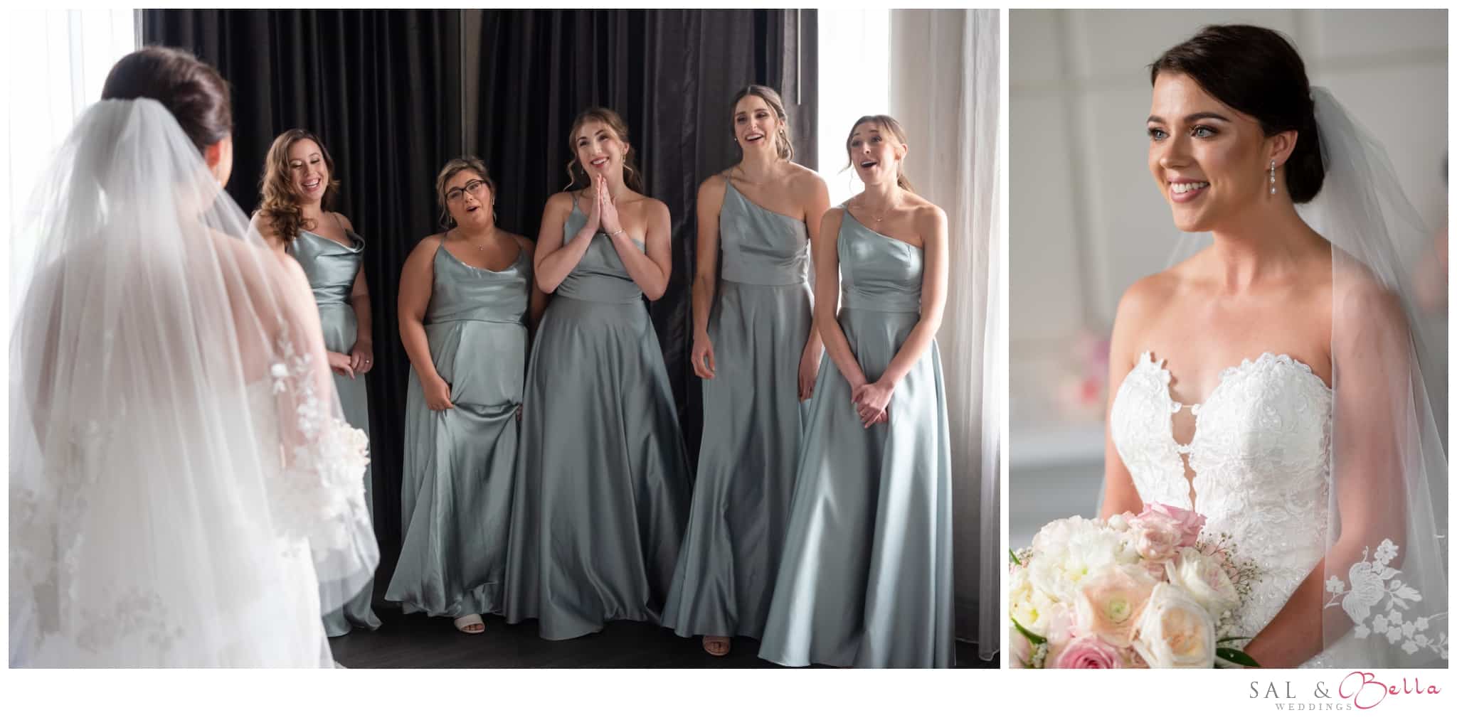 Bridesmaids emotional reactions seeing the bride for the first time