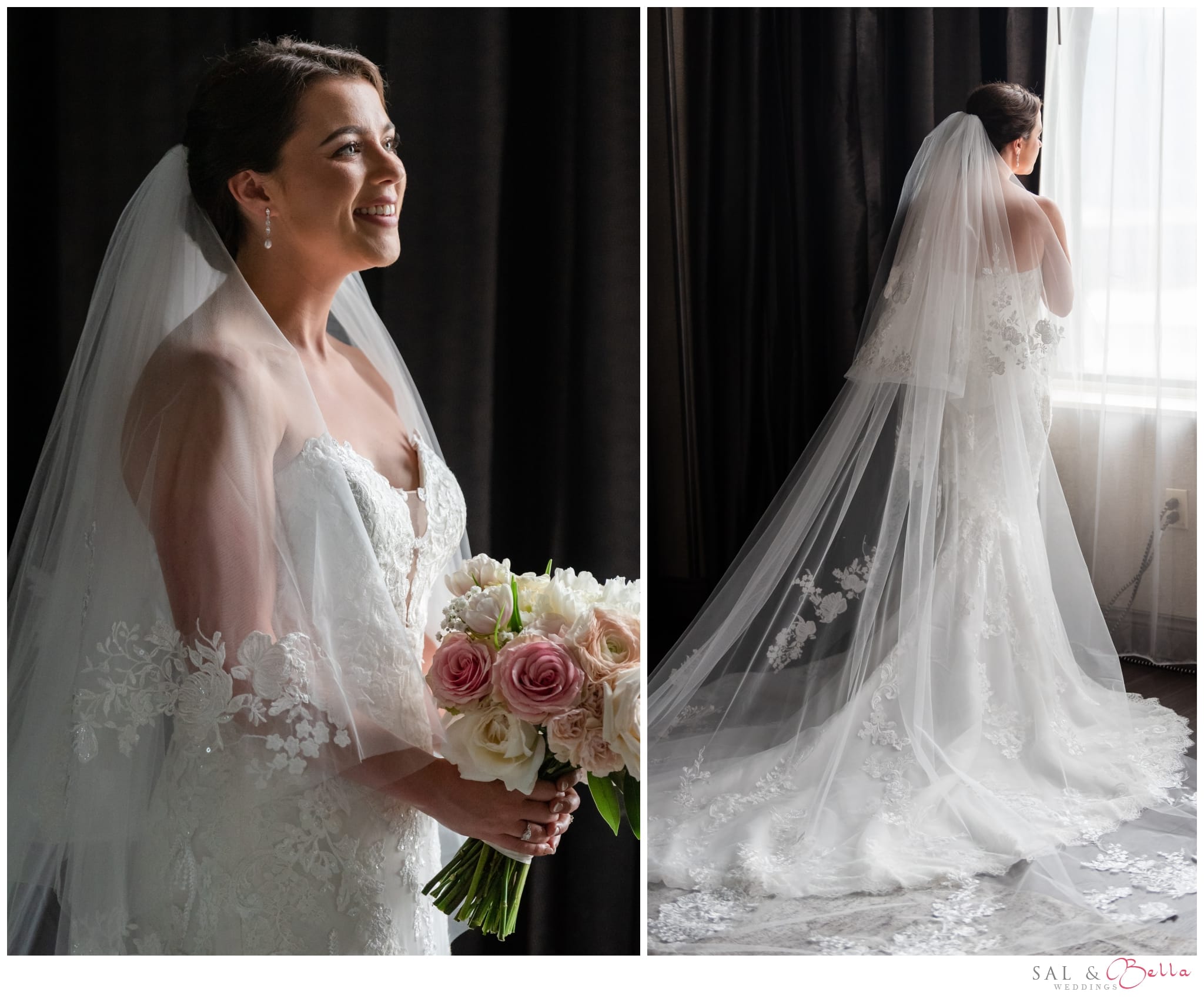 Bride in strapless wedding dress standing by window at Pittsburgh hotel suite