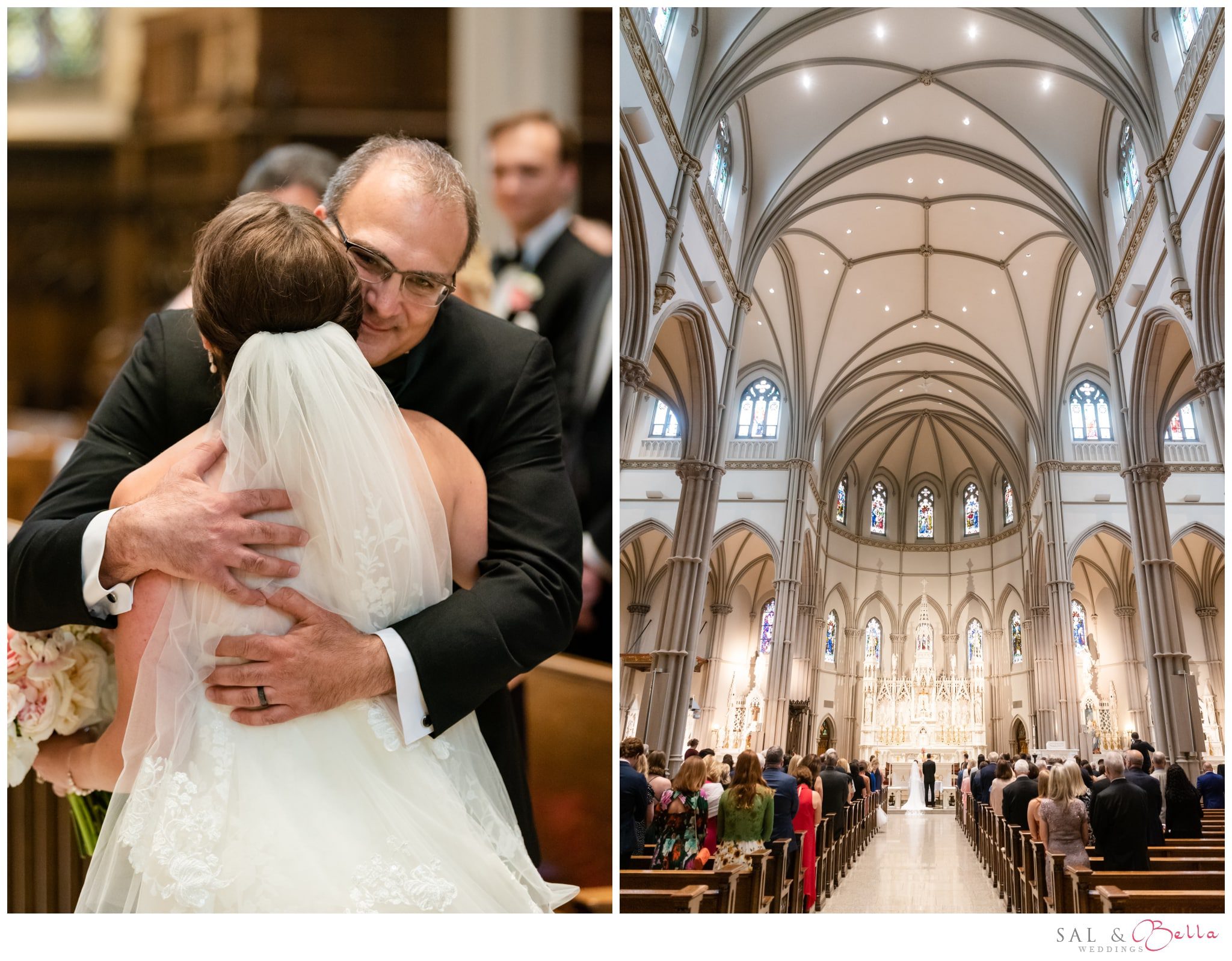Father hugs his daughter and gives her away at St. Paul's cathedral. 