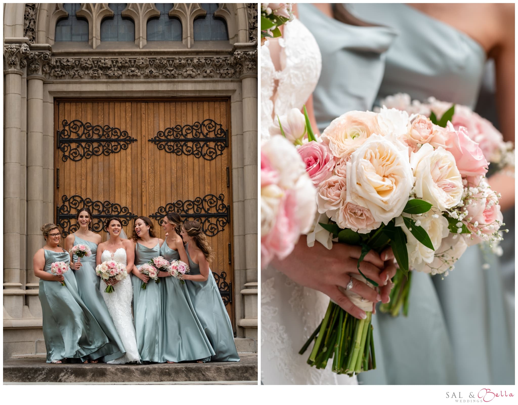 Bridesmaids stand outside of St. Paul's Catherdral wearing mint colored bridesmaid's gowns whole holding ivory and pink flowers.