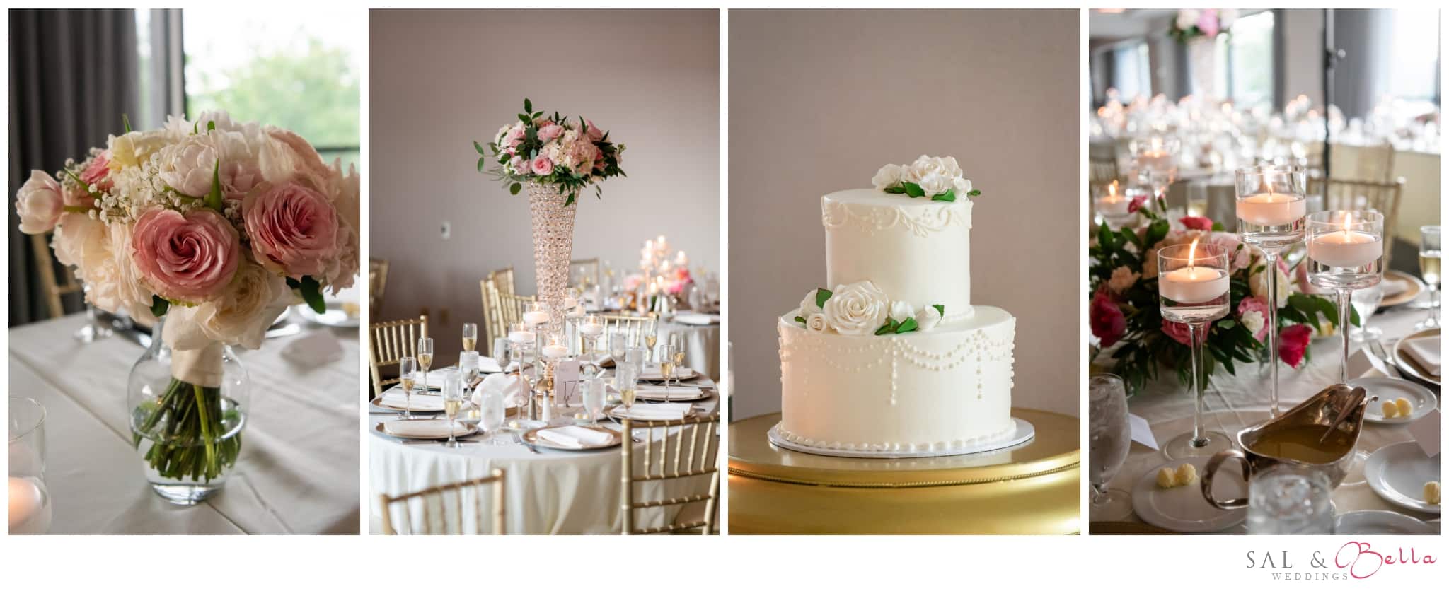 Elegant white and gold reception setup at Renaissance Hotel ballroom