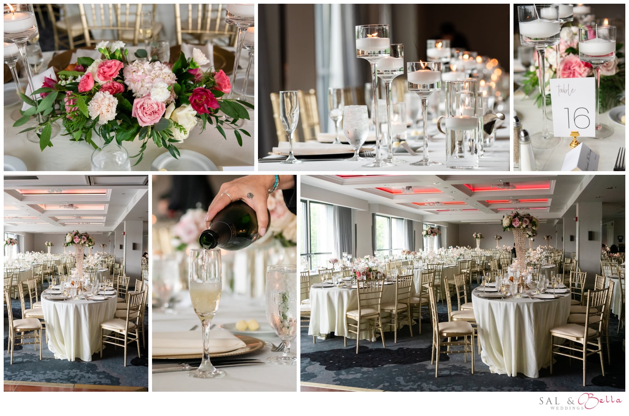 Elegant candles with white and gold reception decorations at Renaissance Hotel Pittsburgh ballroom