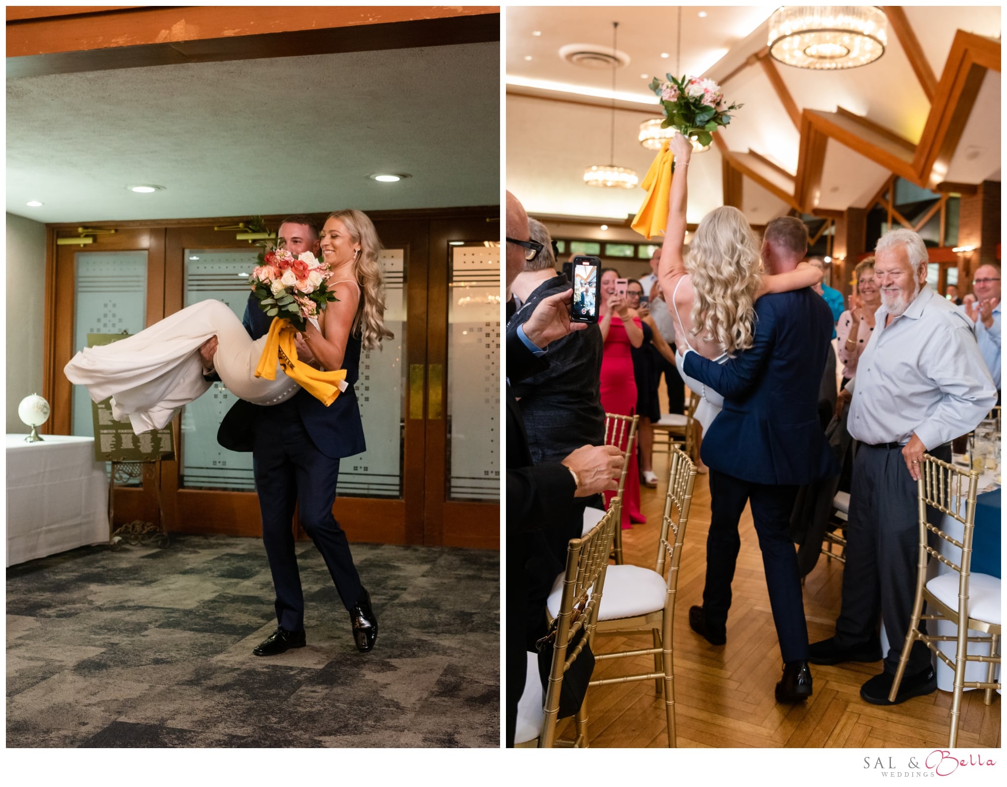 groom carries his bride into the reception at the edgewood country club.