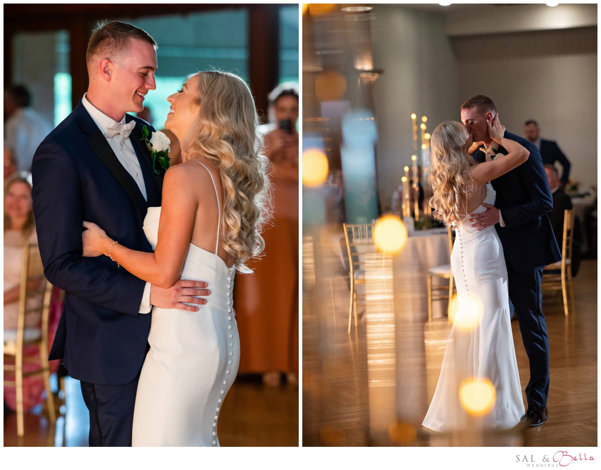 bride and groom share their first dance at the edgewood country club.