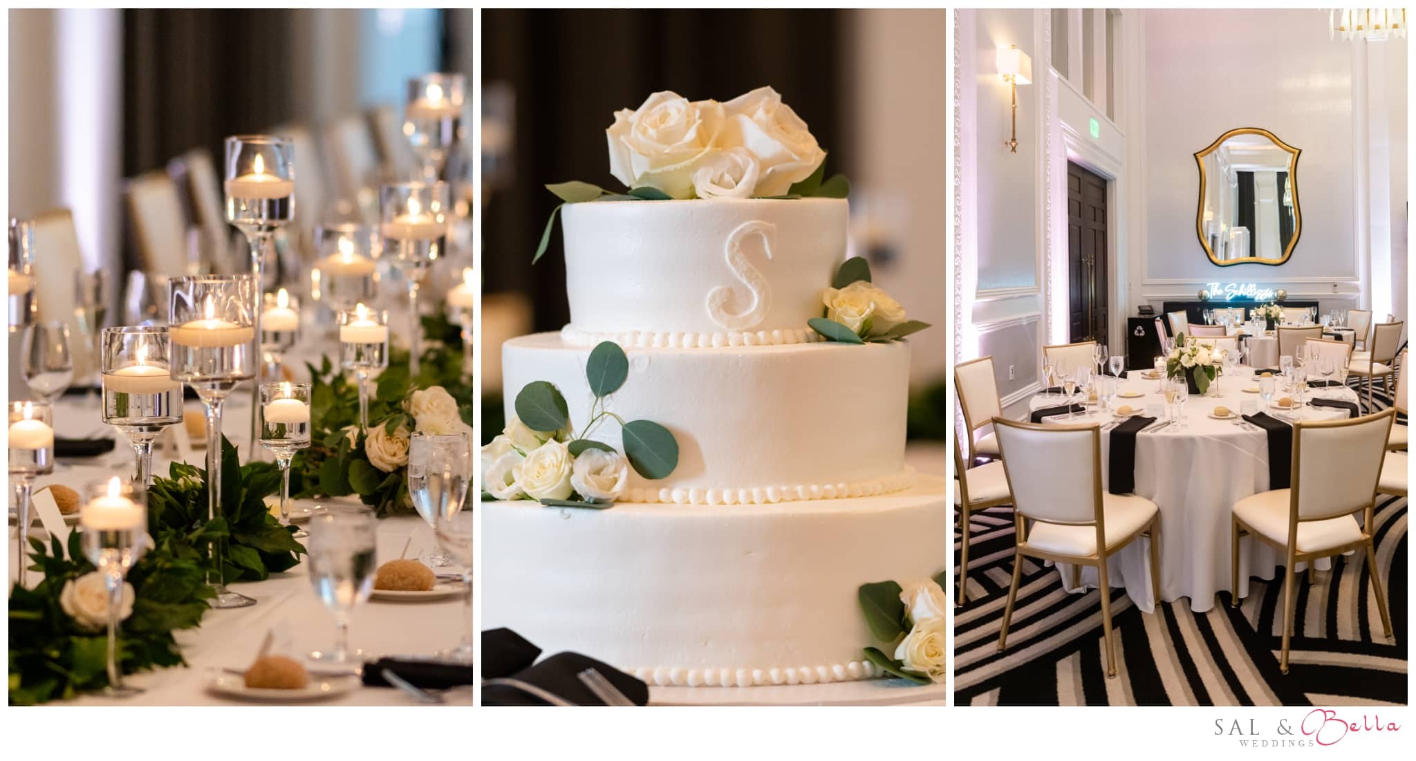 three-tier wedding cake decorated the center of the Hotel Monaco ballroom. 