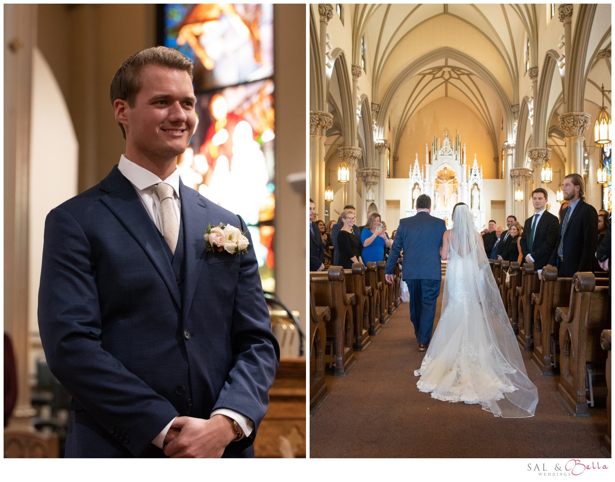 groom smiles as he watching the bride and her father make their way up the aisle at the iconic st. Mary of the mount chuch.