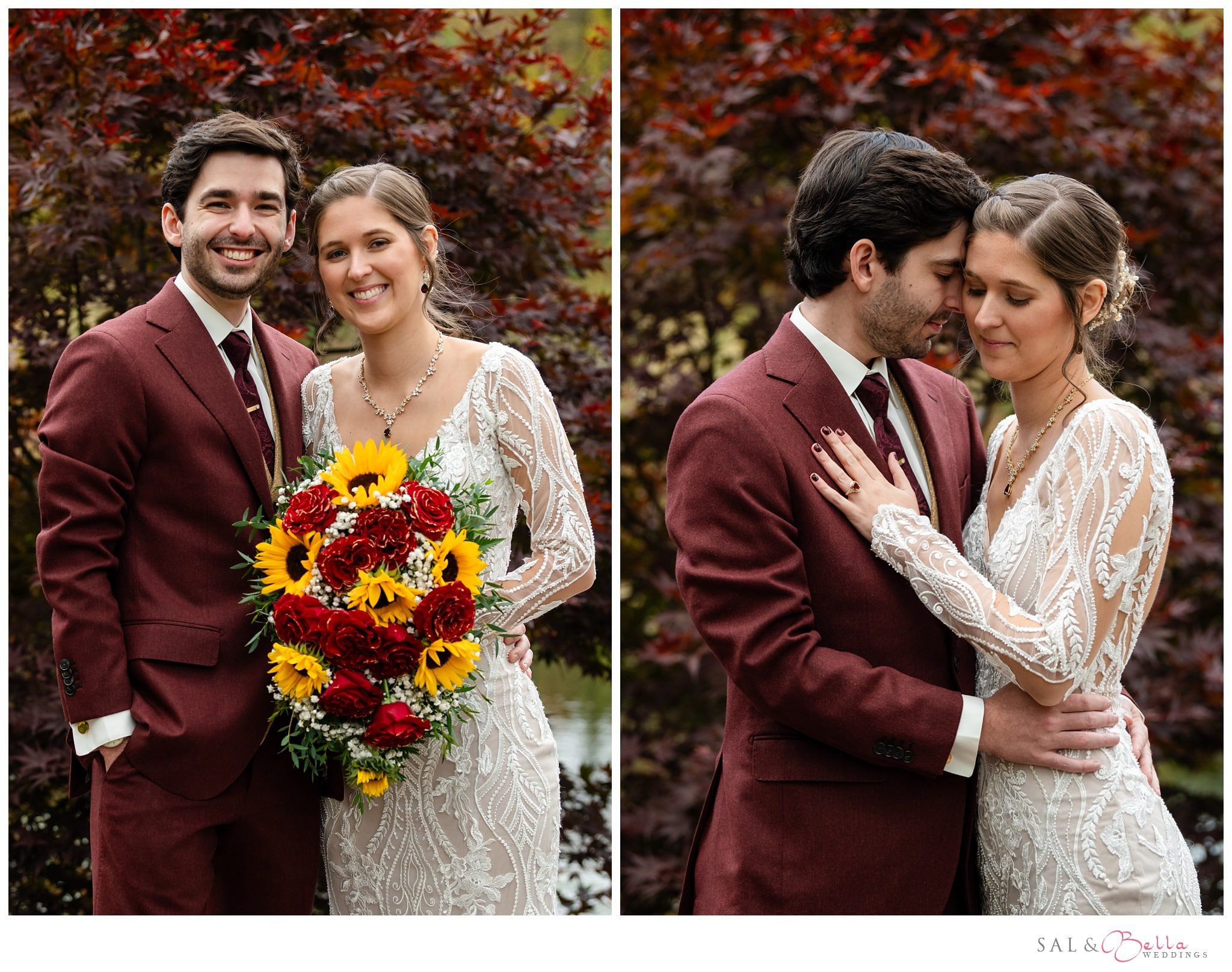 Romantic portrait of the couple in the Asian Woodland garden, surrounded by vibrant foliage.