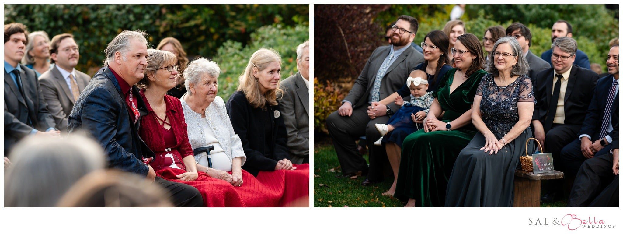 Wedding guests seated outdoors as the couple says 'I do' in the garden.