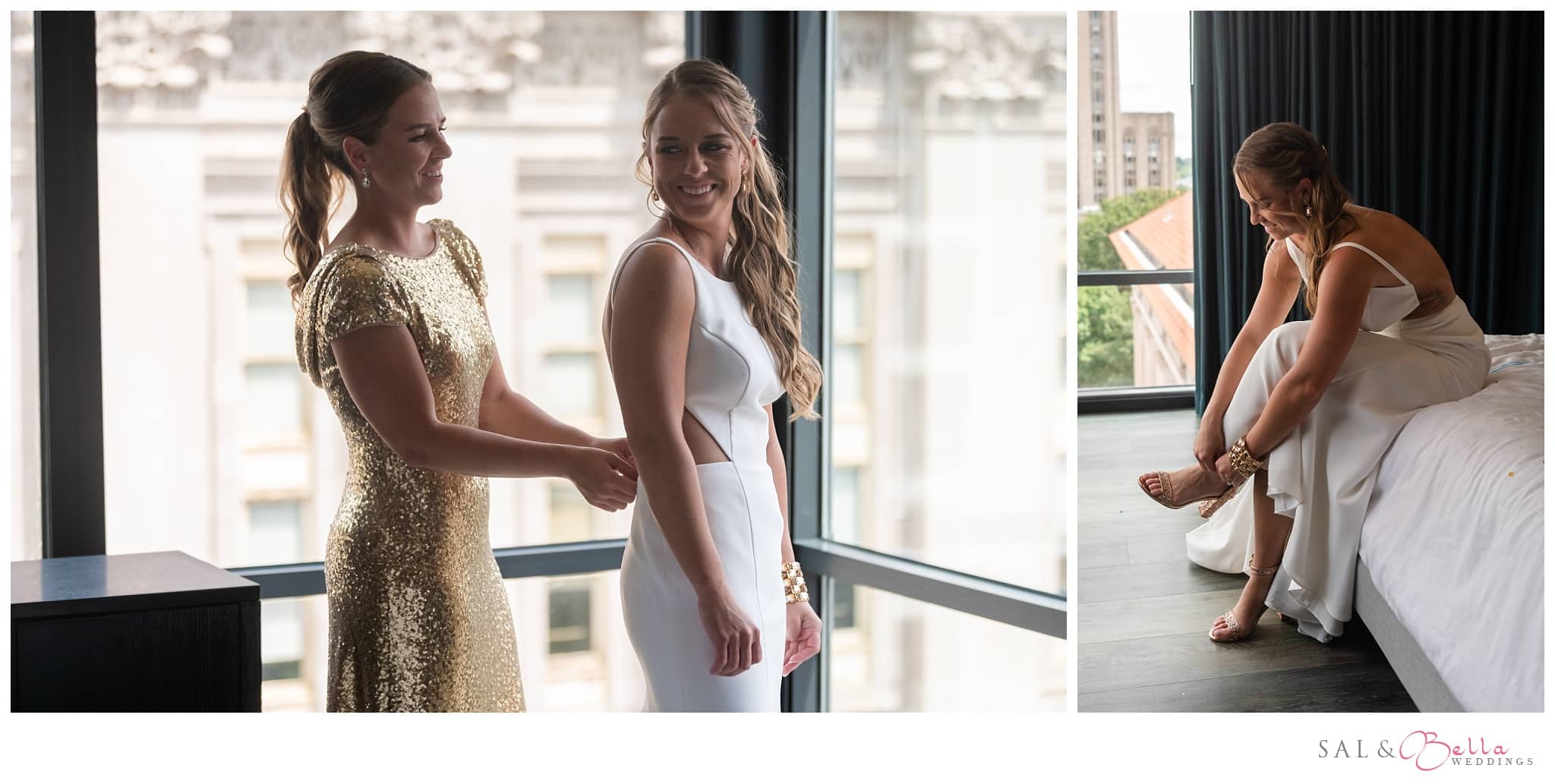 twin sister of the bride helps her get wedding ready. 