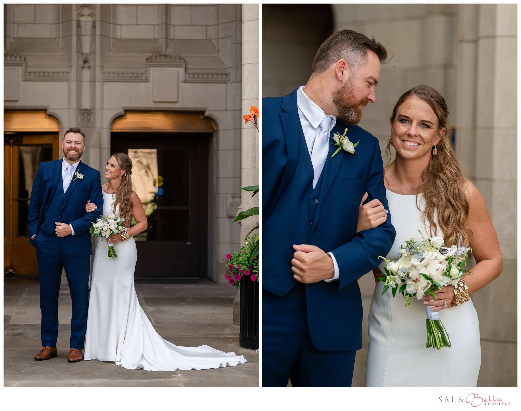 Bride & Groom pose for wedding photos outside the Cathedral of Learning at Pitt University.