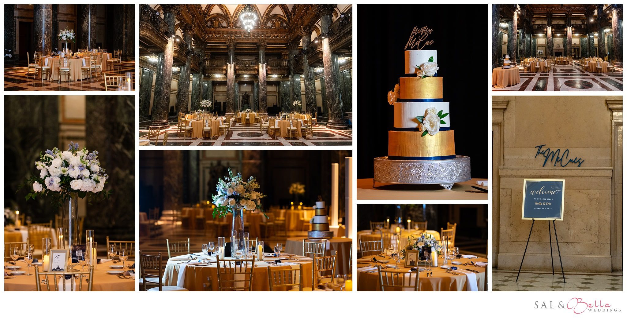 Golden Reception décor at Carnegie Museum Wedding. 