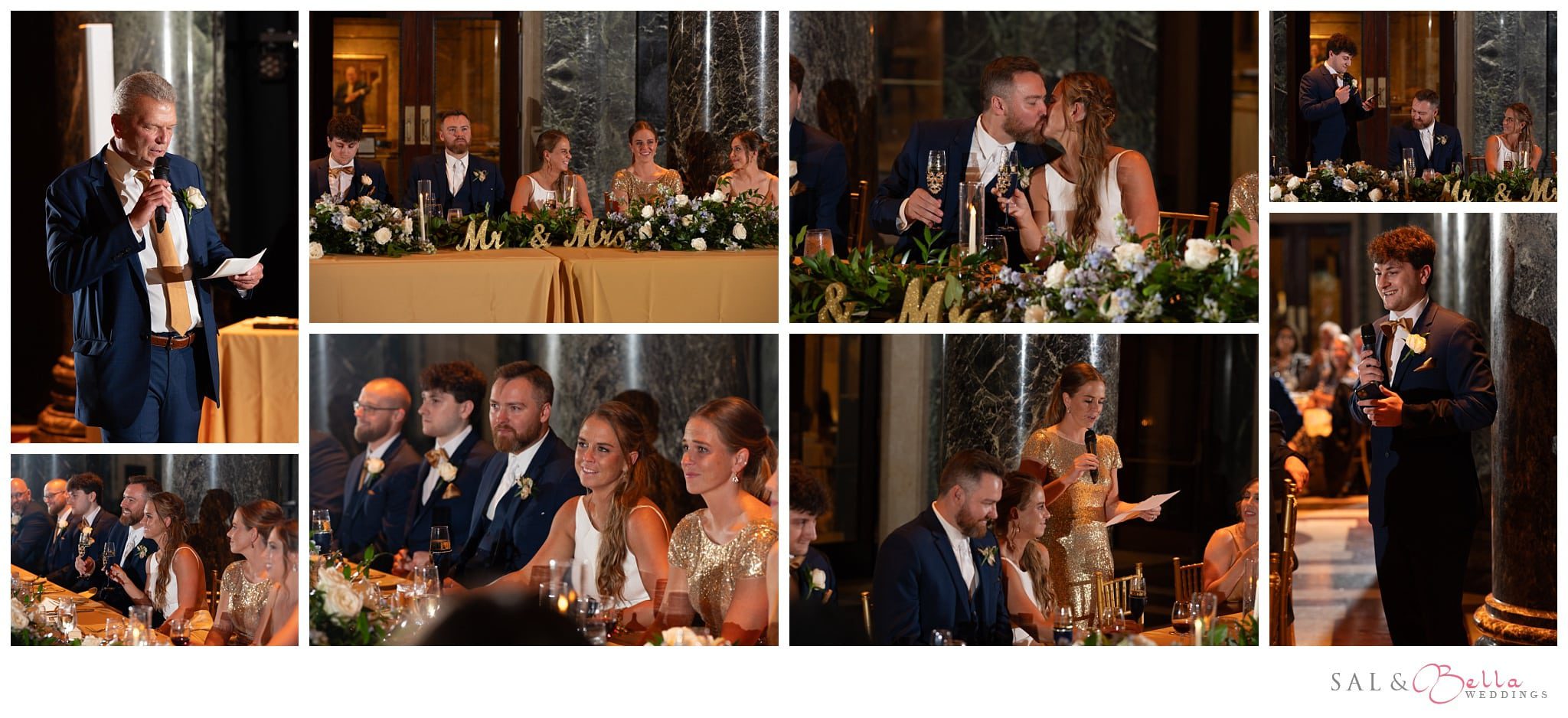 the couple listens to heartfelt toasts during their Carnegie Museum Wedding.