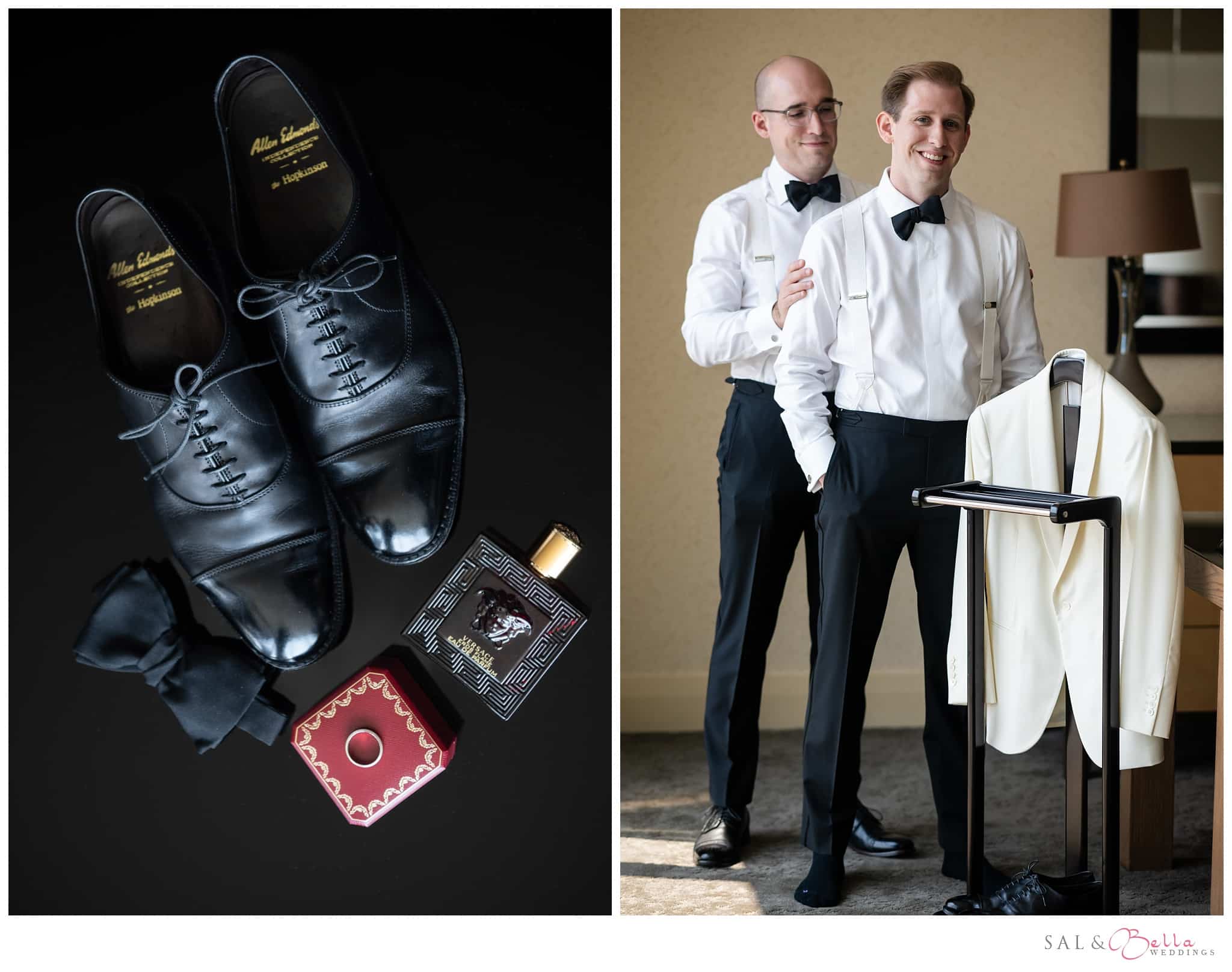 groom details include Allen Edmunds shoes and Versace fragrance along with a white Oliver wicks suit. 