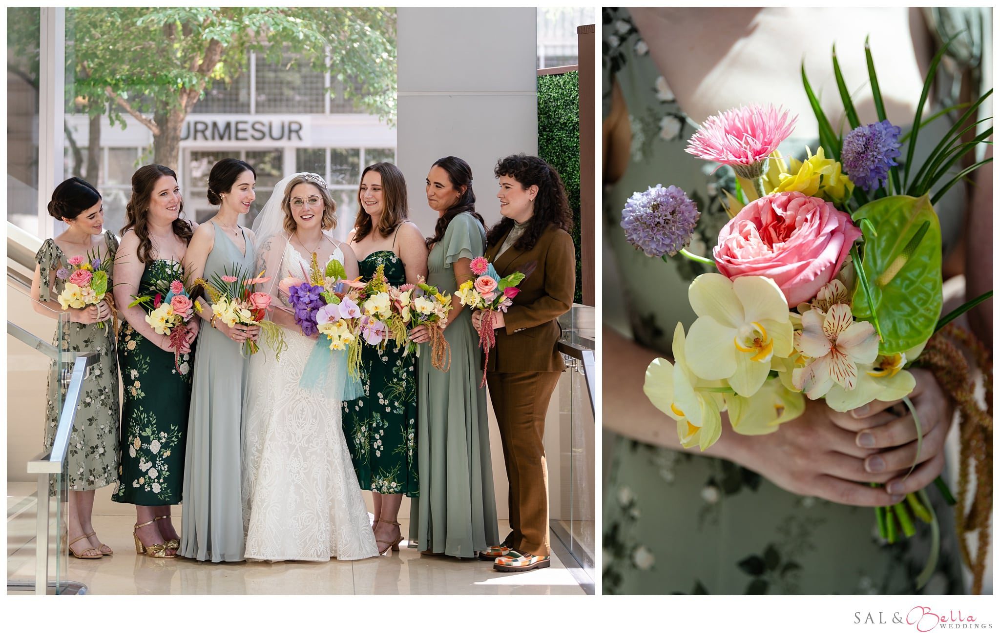 bridesmaids pose in their shades of green dresses alongside the bride at the Fairmont Hotel in Pittsburgh.