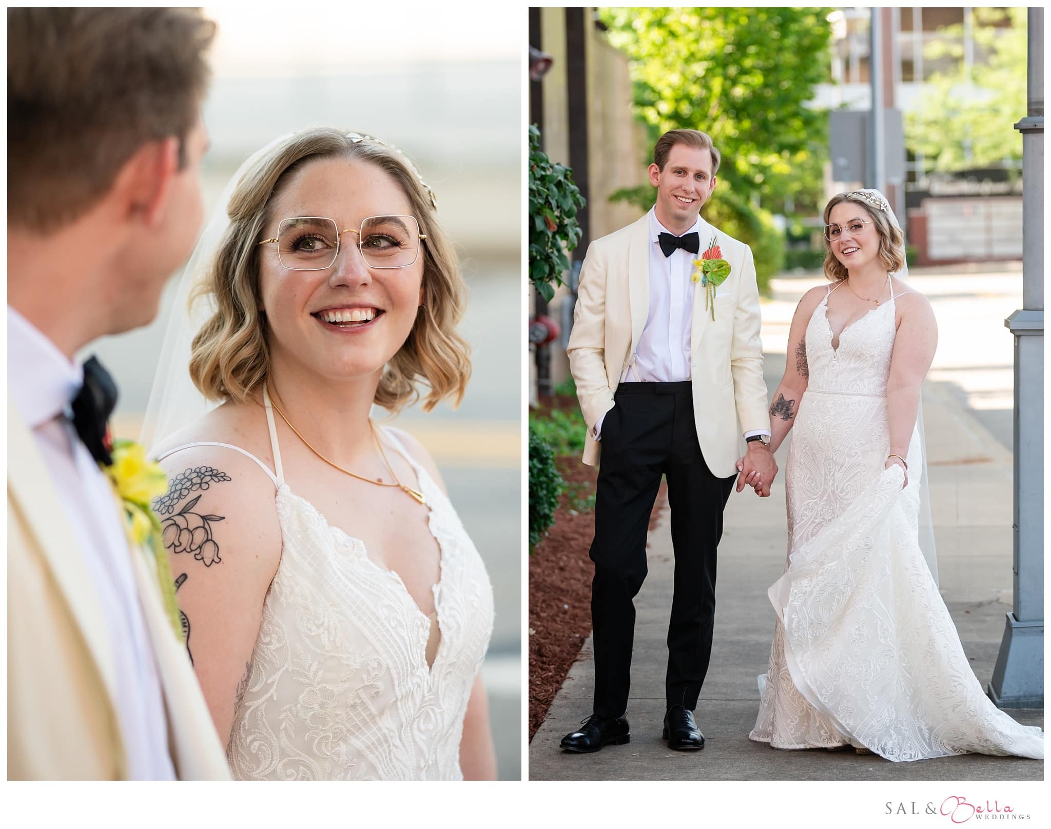 bride and groom smile at each other during their wedding photos in Pittsburgh's strip district. 