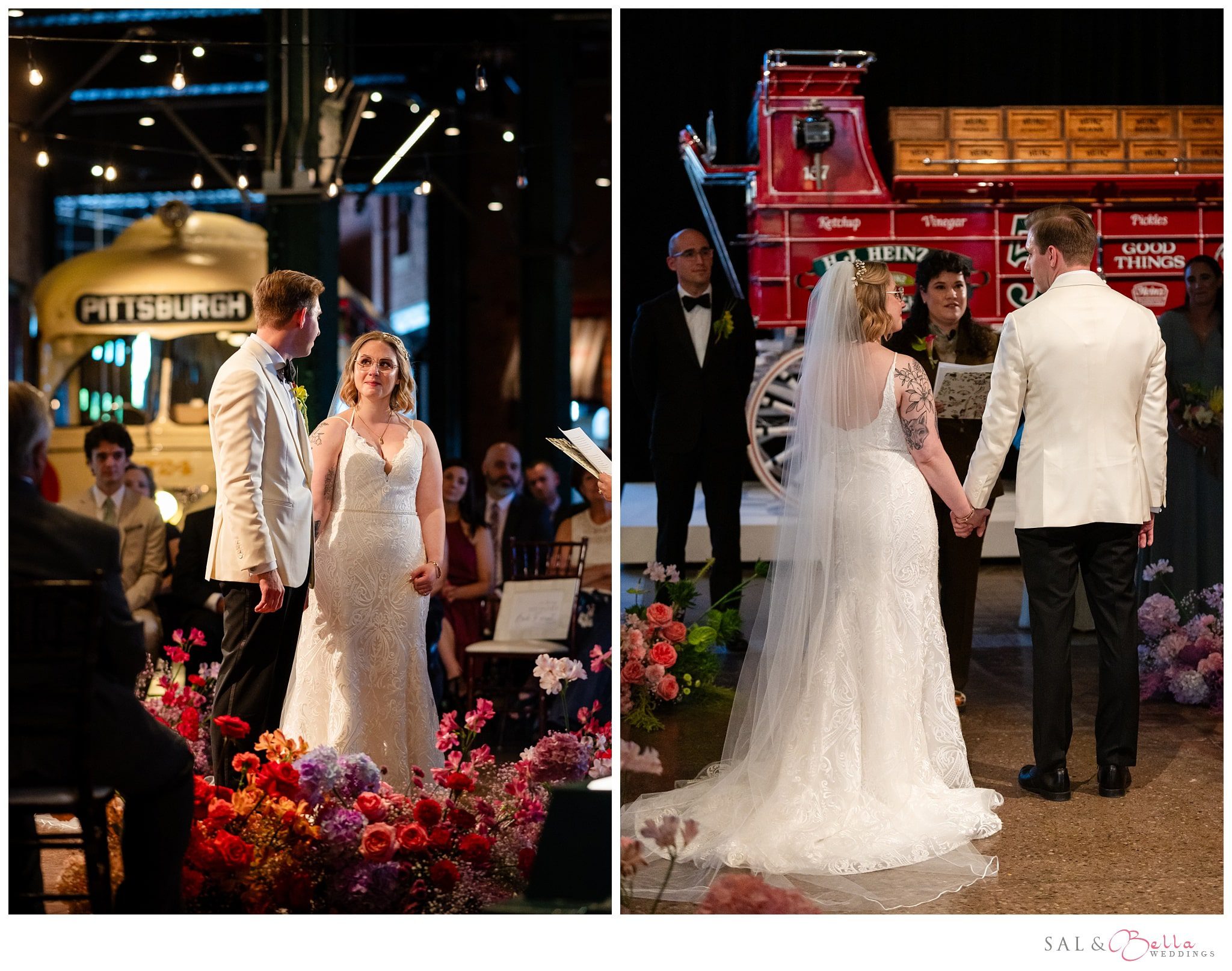 Couple shares their vows with vintage Pittsburgh trolley in the background at Heinz History Center. 