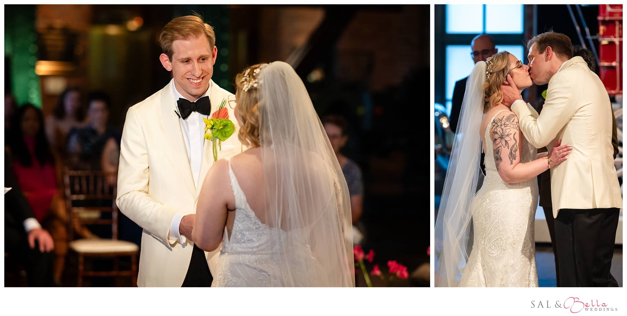 the wedding couple shares their vows and a kiss during their ceremony on the first floor of the Heinz History Center. 