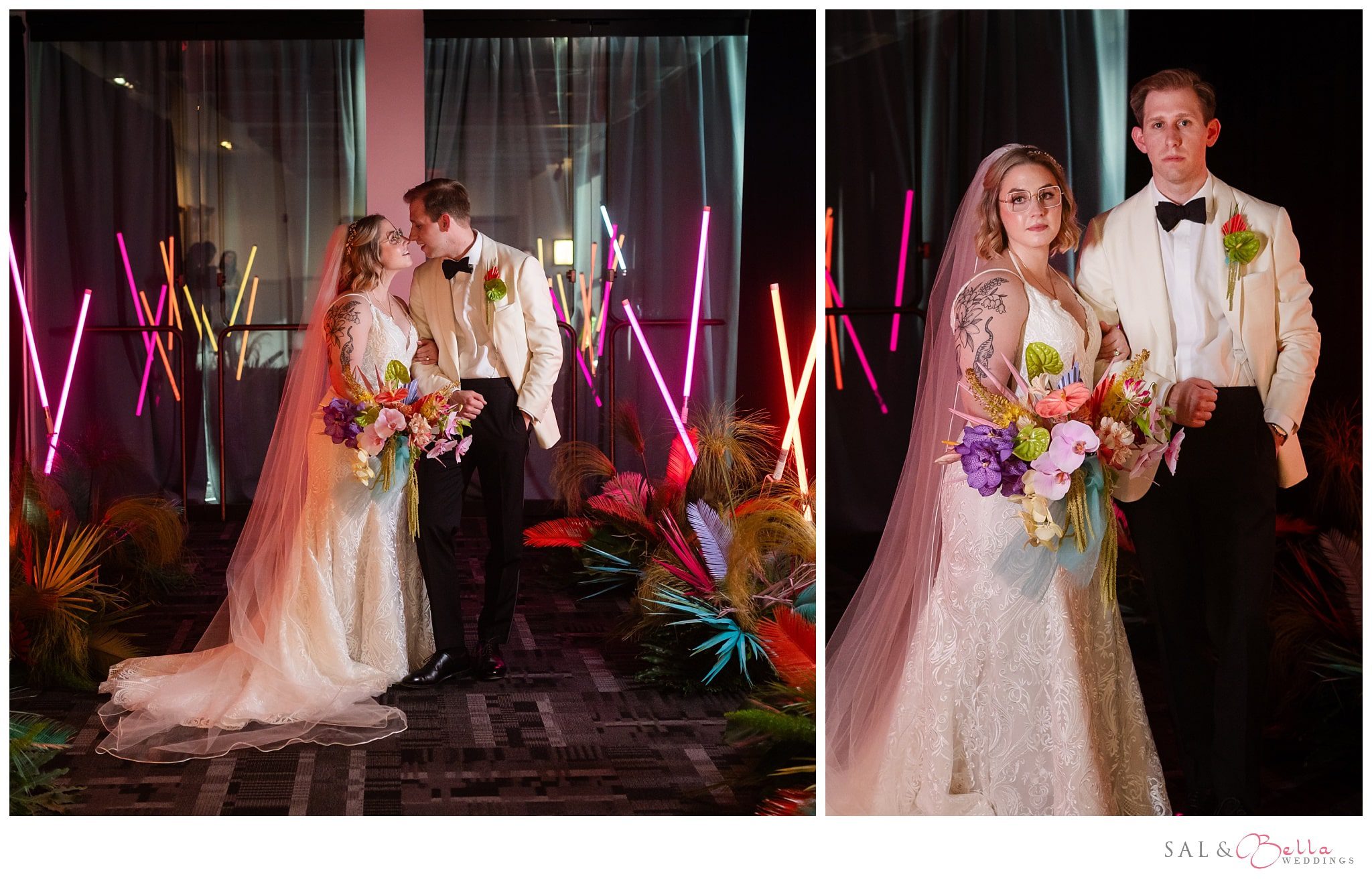 Bride and groom pose for portraits amongst the neon LED lights at this HEinz History Center wedding in Pittsburgh 