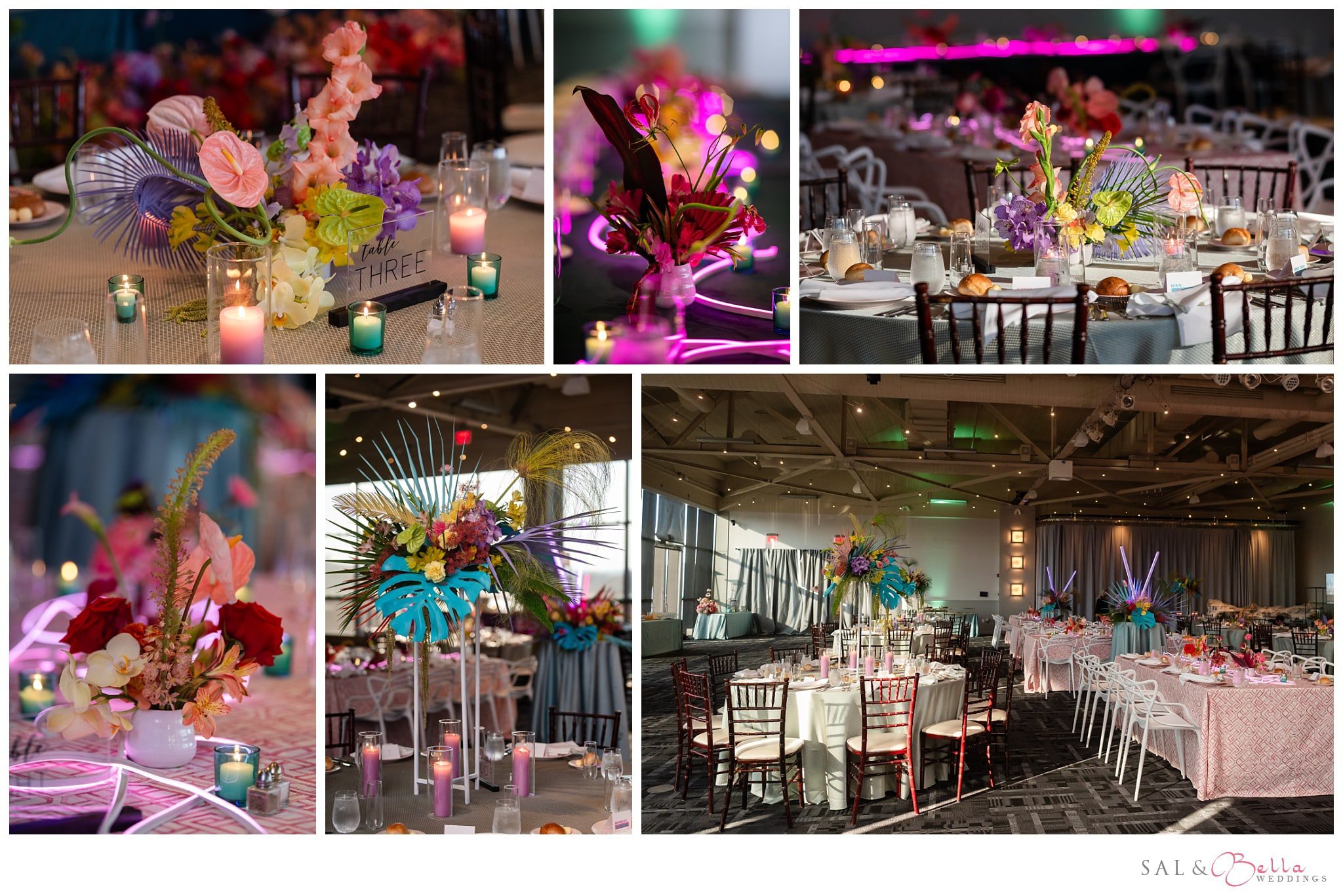 Bold colorful centerpieces done by Gold dust floral at Pittsburgh wedding at Heinz History Center.