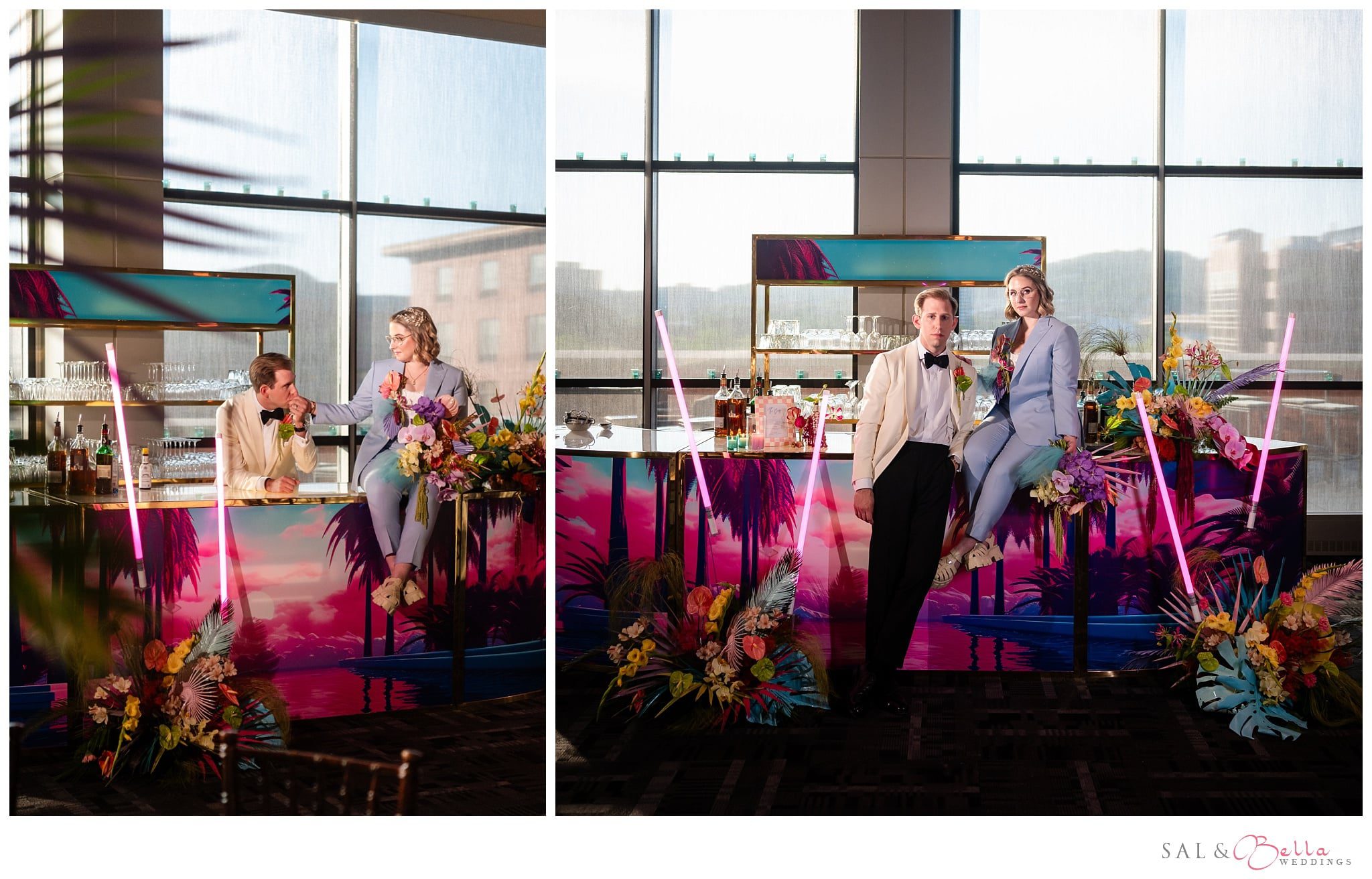 Bride & groom pose at their Pittsburgh wedding at Heinz History Center. Bride wows in a powder blue power suit. Groom is in a ivory Oliver wicks tux. 