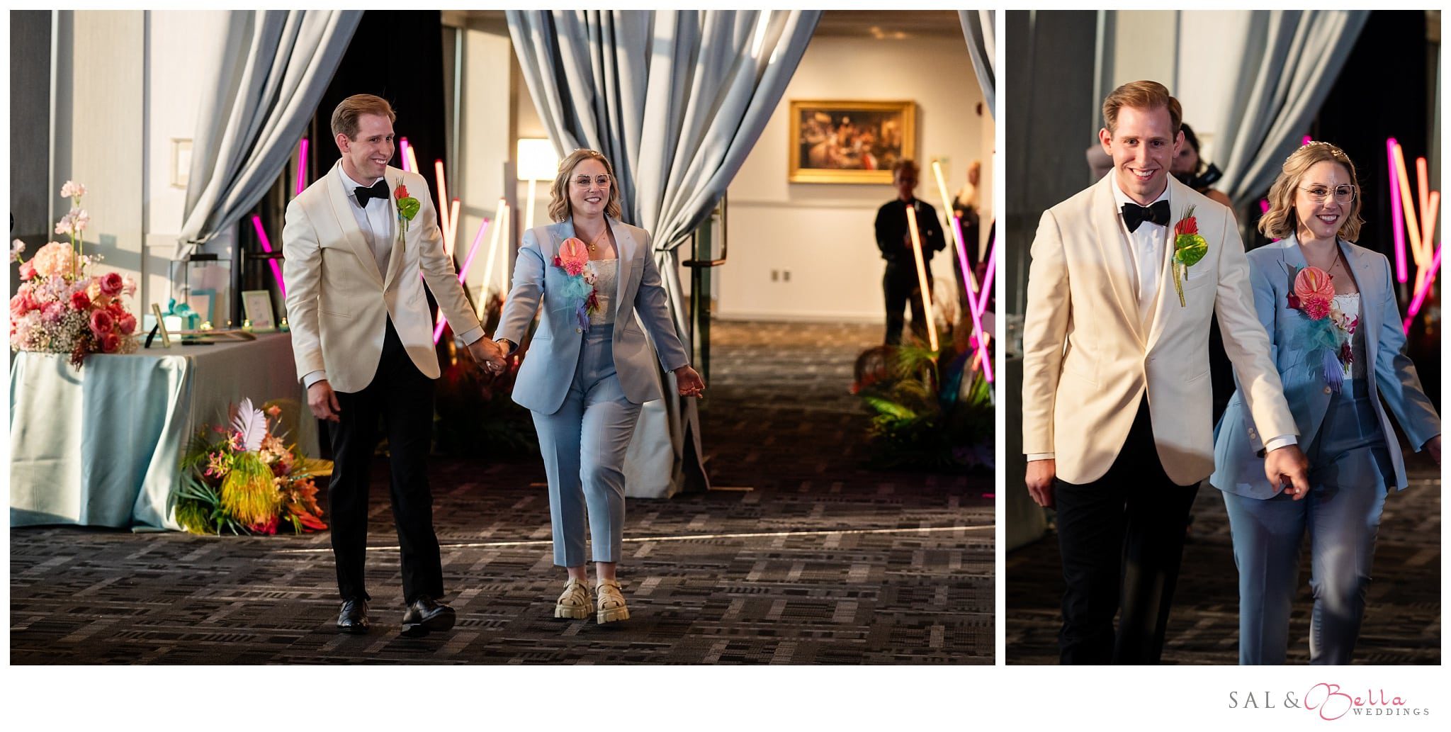 Bride wows her guests after changing into a powder blue suit from surmesur paired with chunky Prada sandals. 