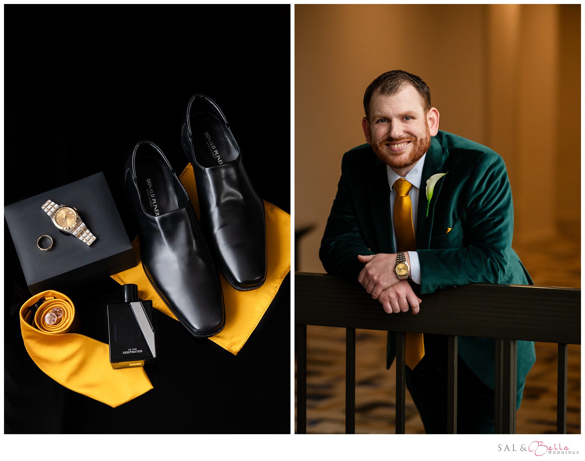 Groom wearing a green velvet tux with gold accents for his Pittsburgh Wedding. 