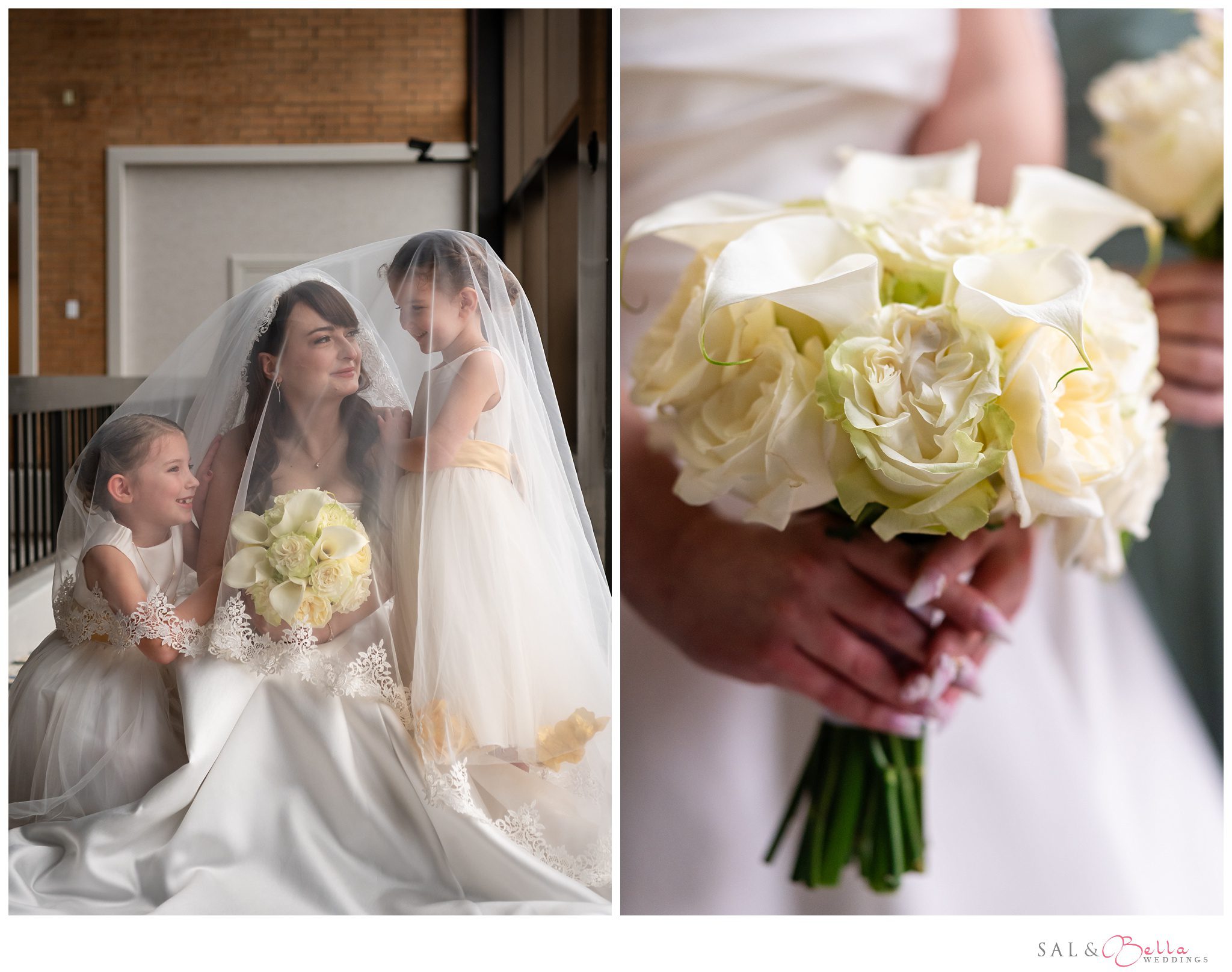 bride snuggles with her flower girls under the veil while holding her calla lily bouquet from Donati Florist in Pittsburgh.