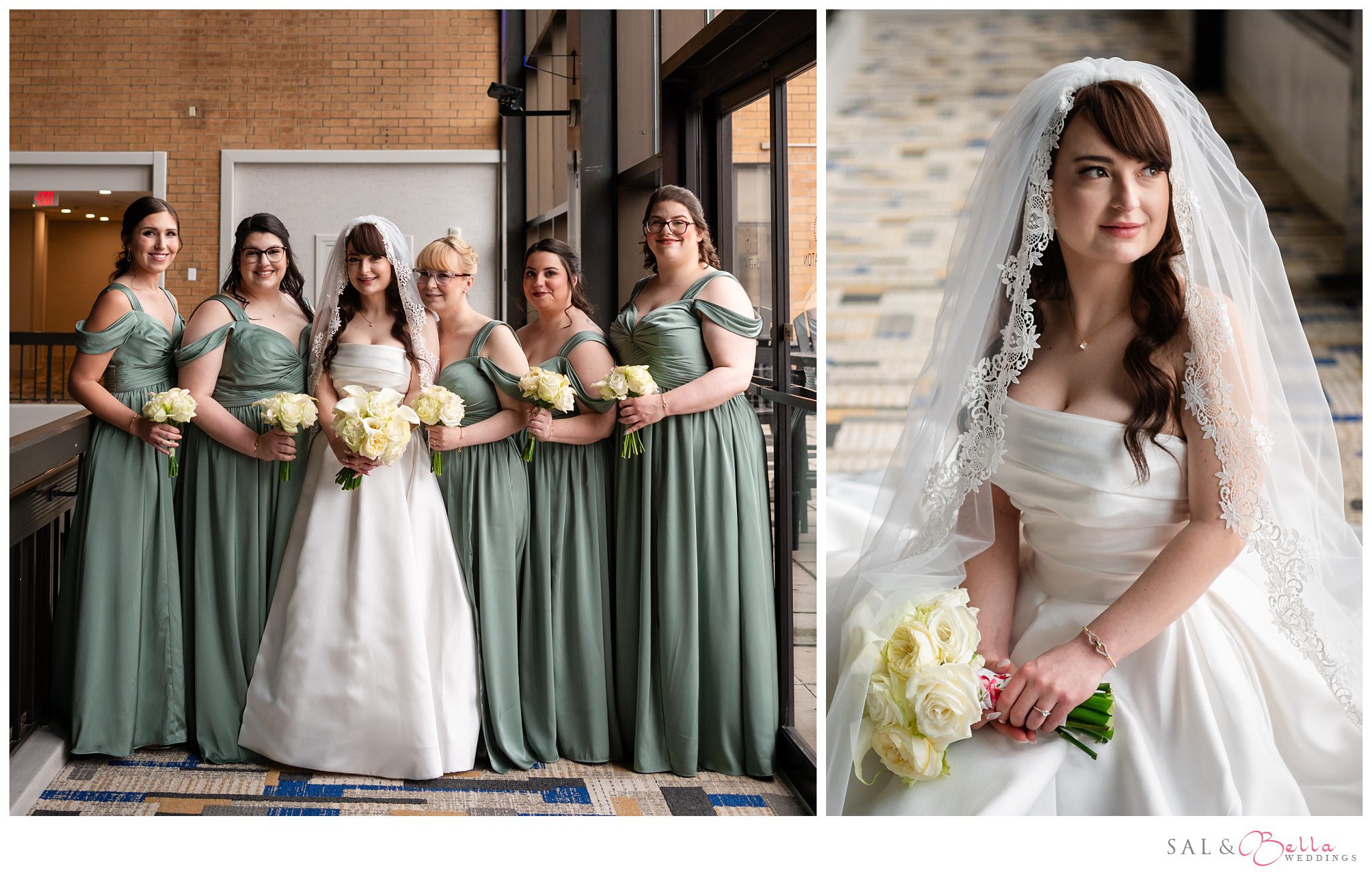 Bridesmaids pose in their sage green gowns along with the bride for photos in the lobby of the Sheraton station square. 