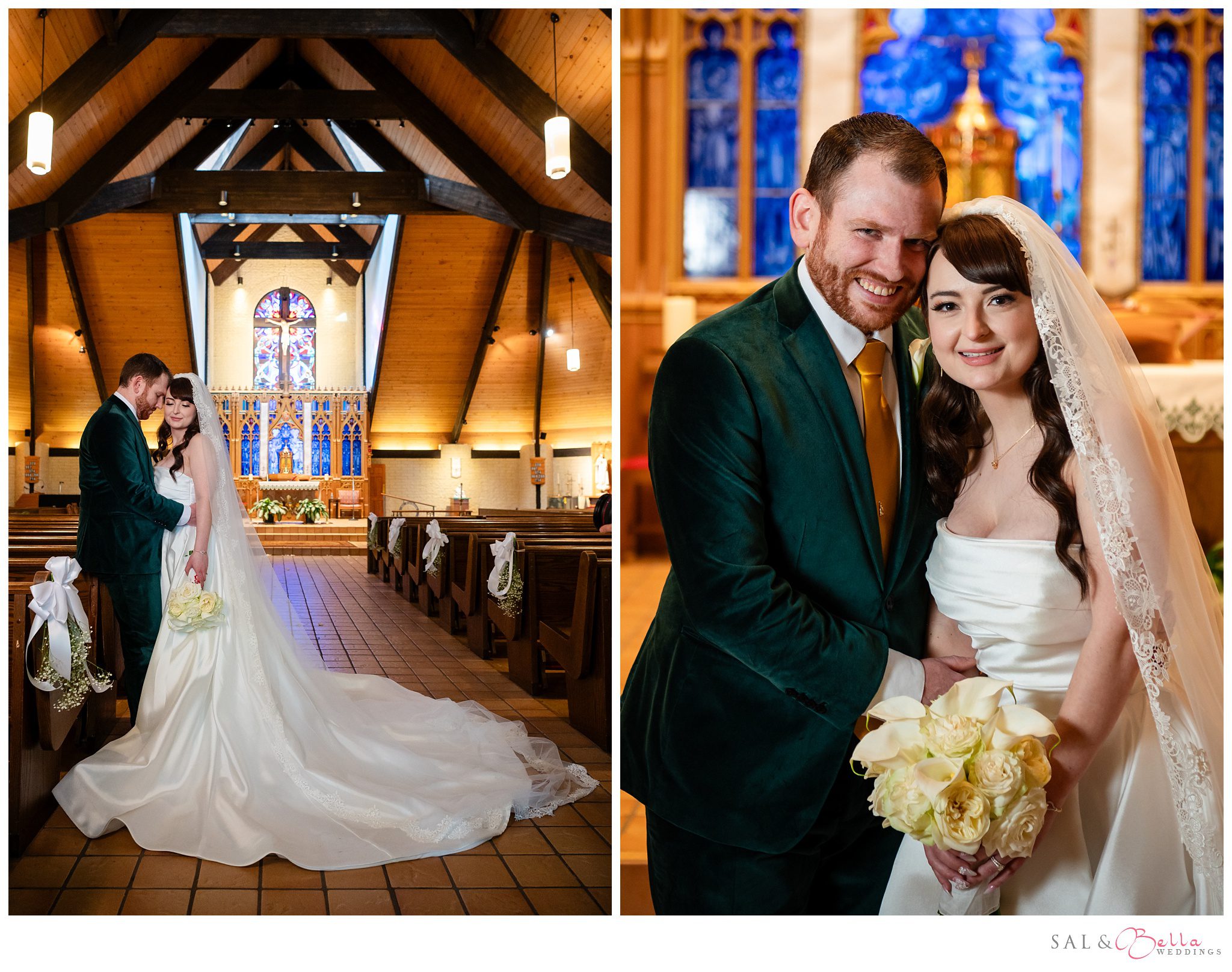 a happy bride and groom take wedding photos at St. Barbara’s church in Bridgeville PA. 