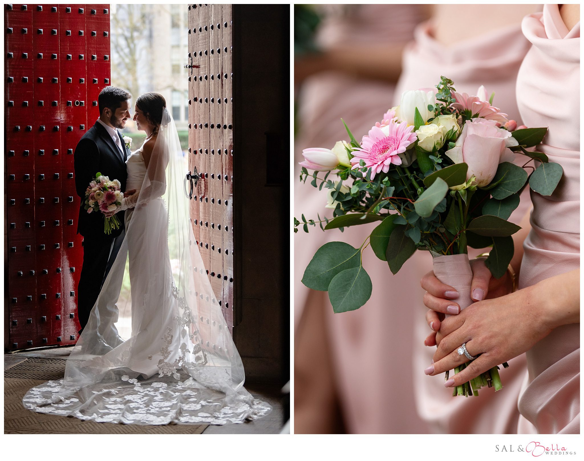 Bride & Groom posing in the grand red doors of Heinz Memorial Chapel.