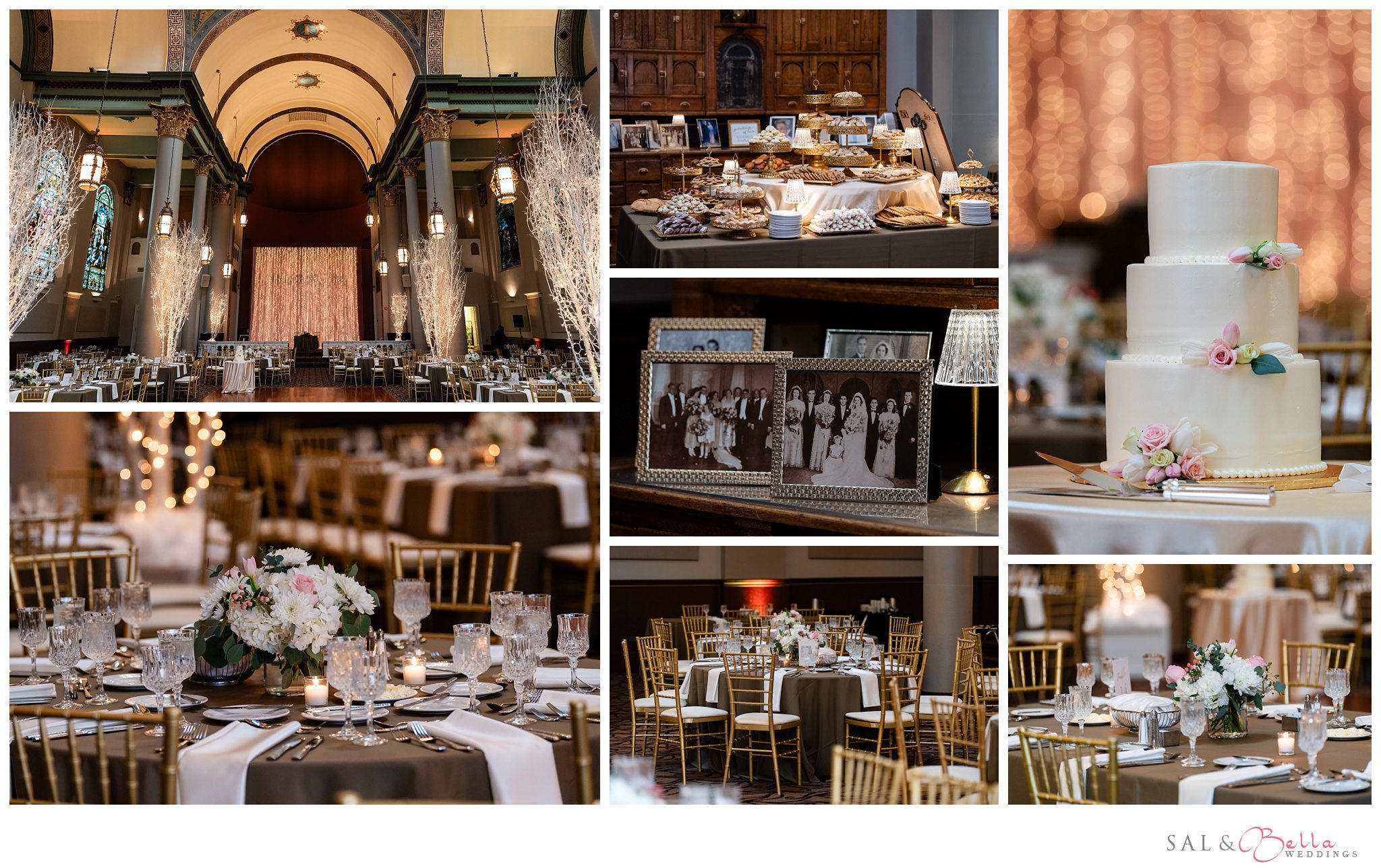 Wedding reception décor at the Grand Hall at the Prior. Rich gold accents with pops of ivory and pink.