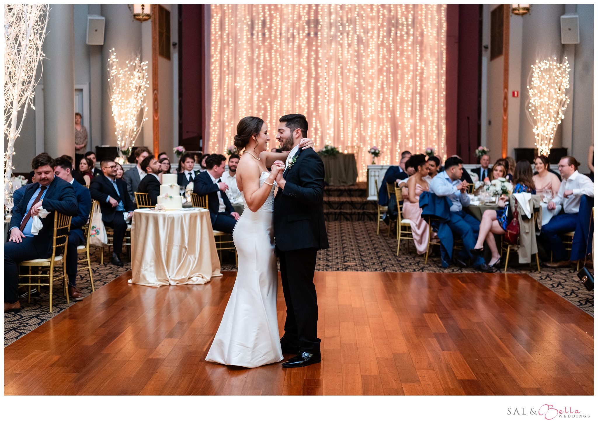 A bride & groom share a first dance at the Grand Hall at the Priory.